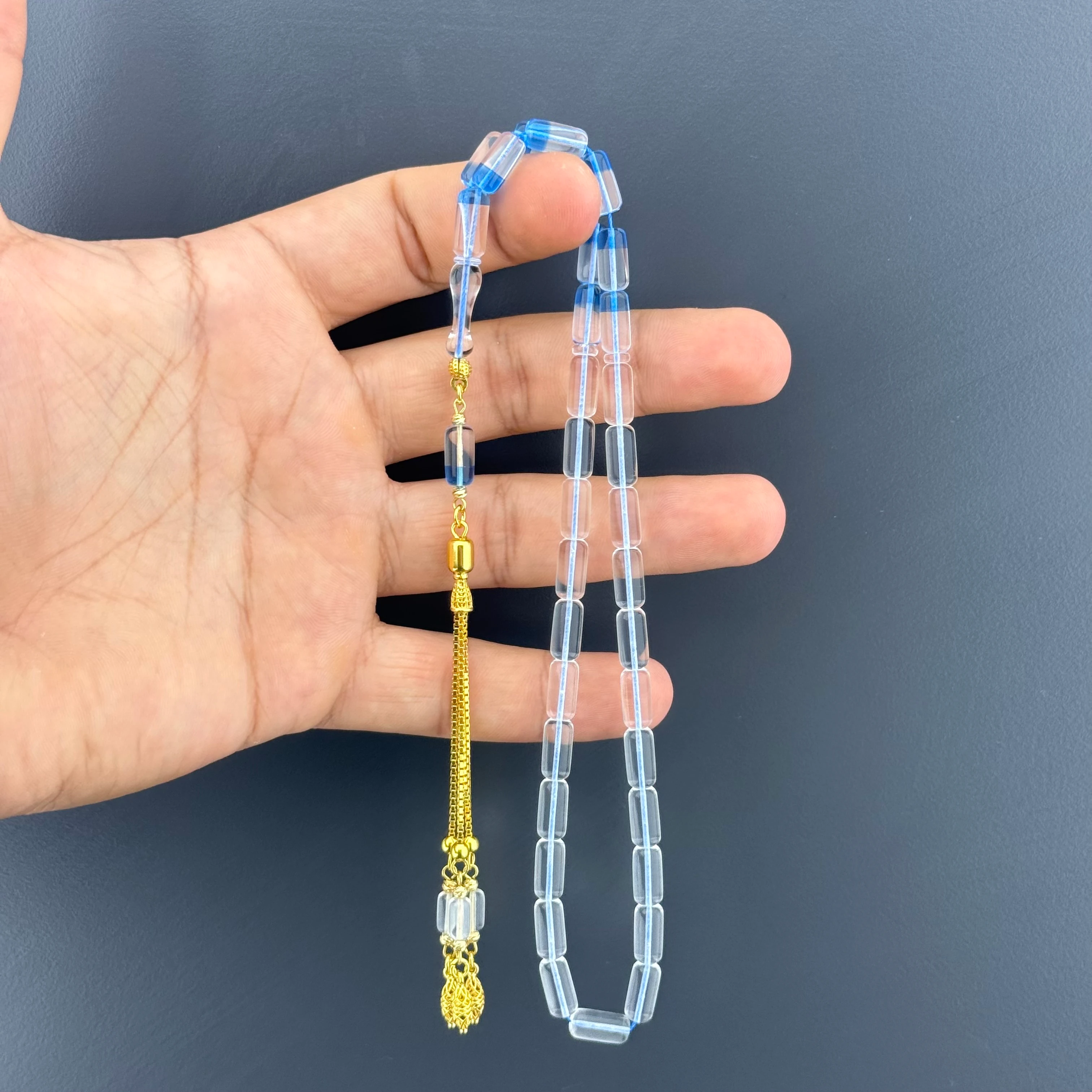 Suat YEŞİLYURT Usta İşçilikli Mavi Şeffaf Kapsül Kesim Altın Kaplama Gümüş Püsküllü Alman Bakalit Tesbih