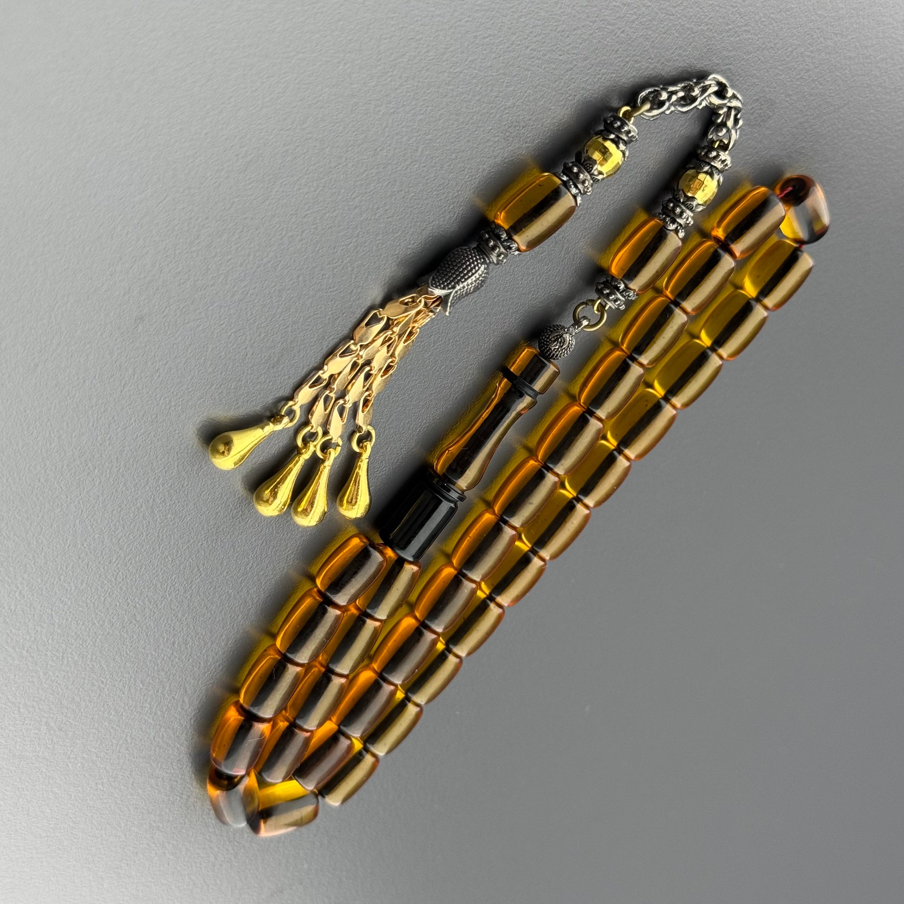 Özel Usta İşçilikli Amber Kapsül Model Gold Detaylı Alpaka Püsküllü Ateş Kehribar Tespih