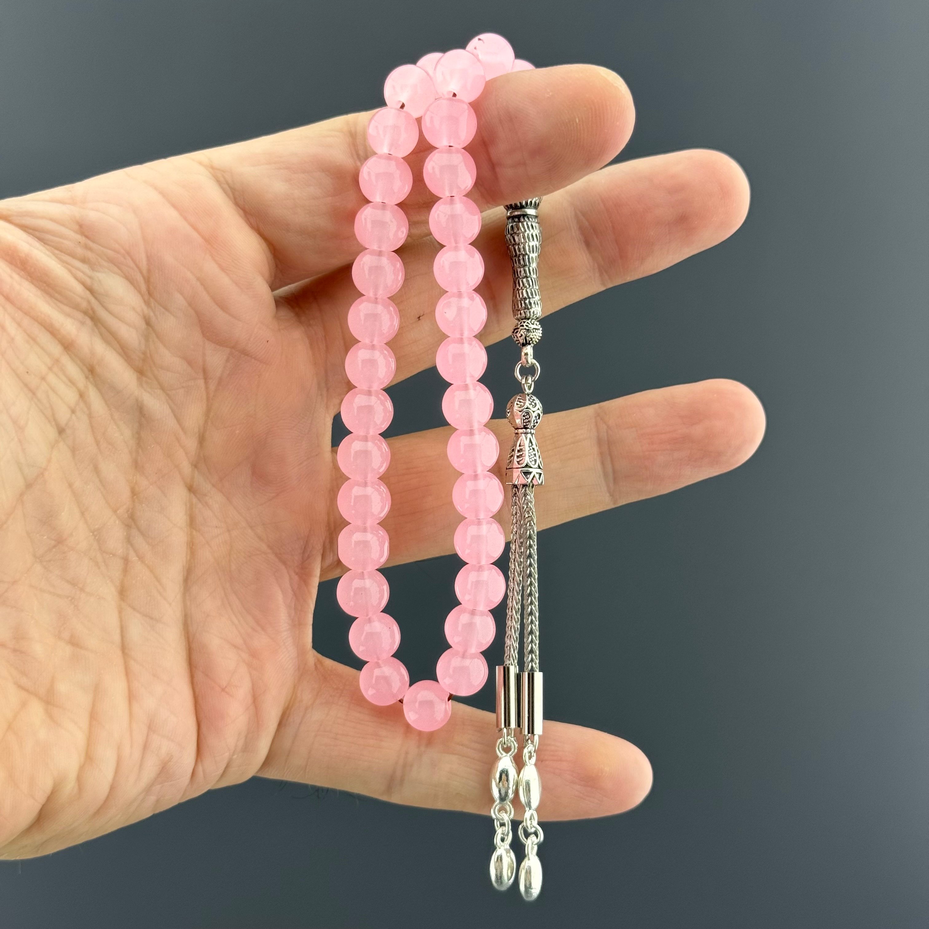 Alpaka Püsküllü Küre Kesim Pembe Kuvars Doğal Taş Tespih