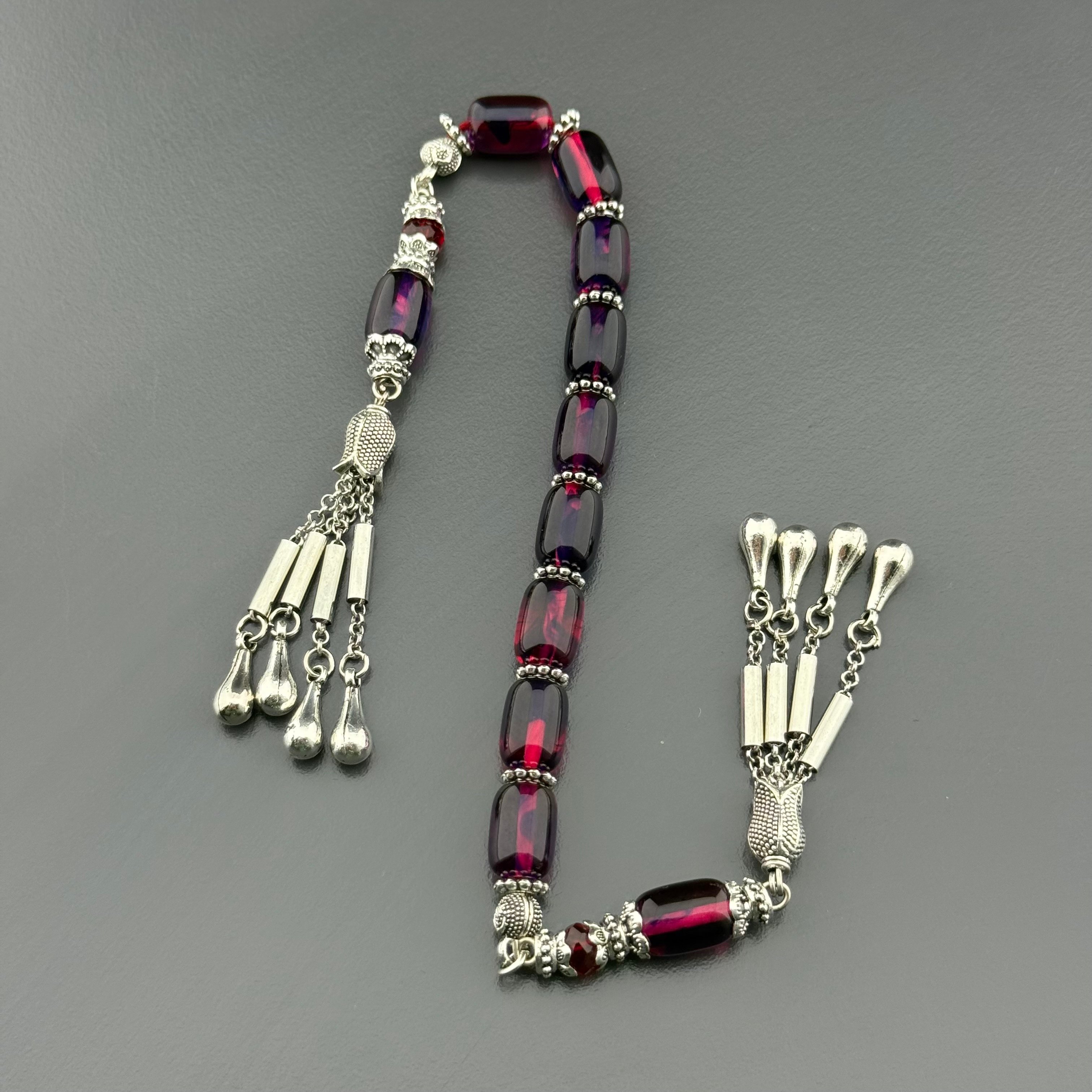 Özel Usta İşçilikli Alpaka Püsküllü Pembe Mor Hareli Kapsül Kesim Zaza Sıkma Kehribar Tesbih