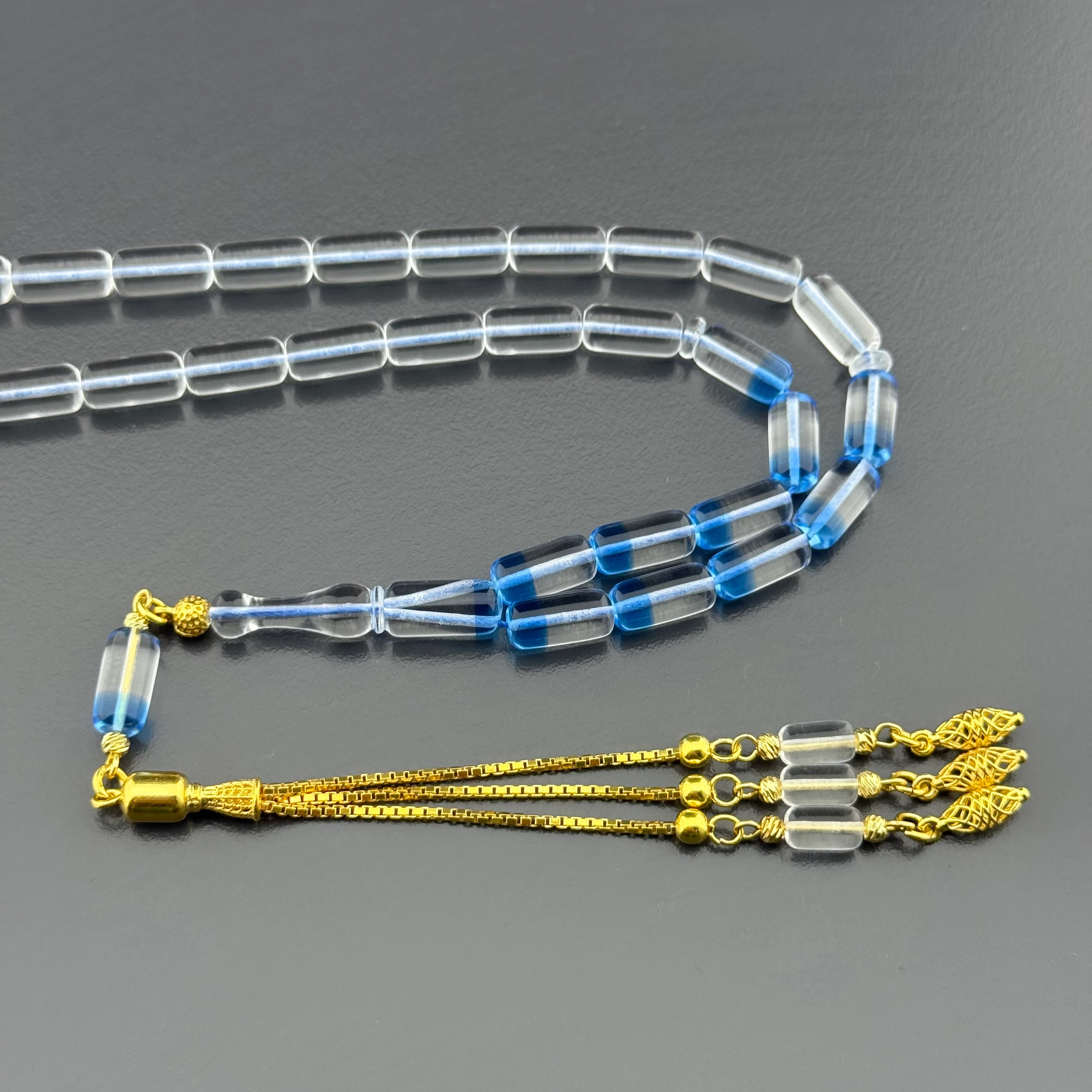 Suat YEŞİLYURT Usta İşçilikli Mavi Şeffaf Kapsül Kesim Altın Kaplama Gümüş Püsküllü Alman Bakalit Tesbih