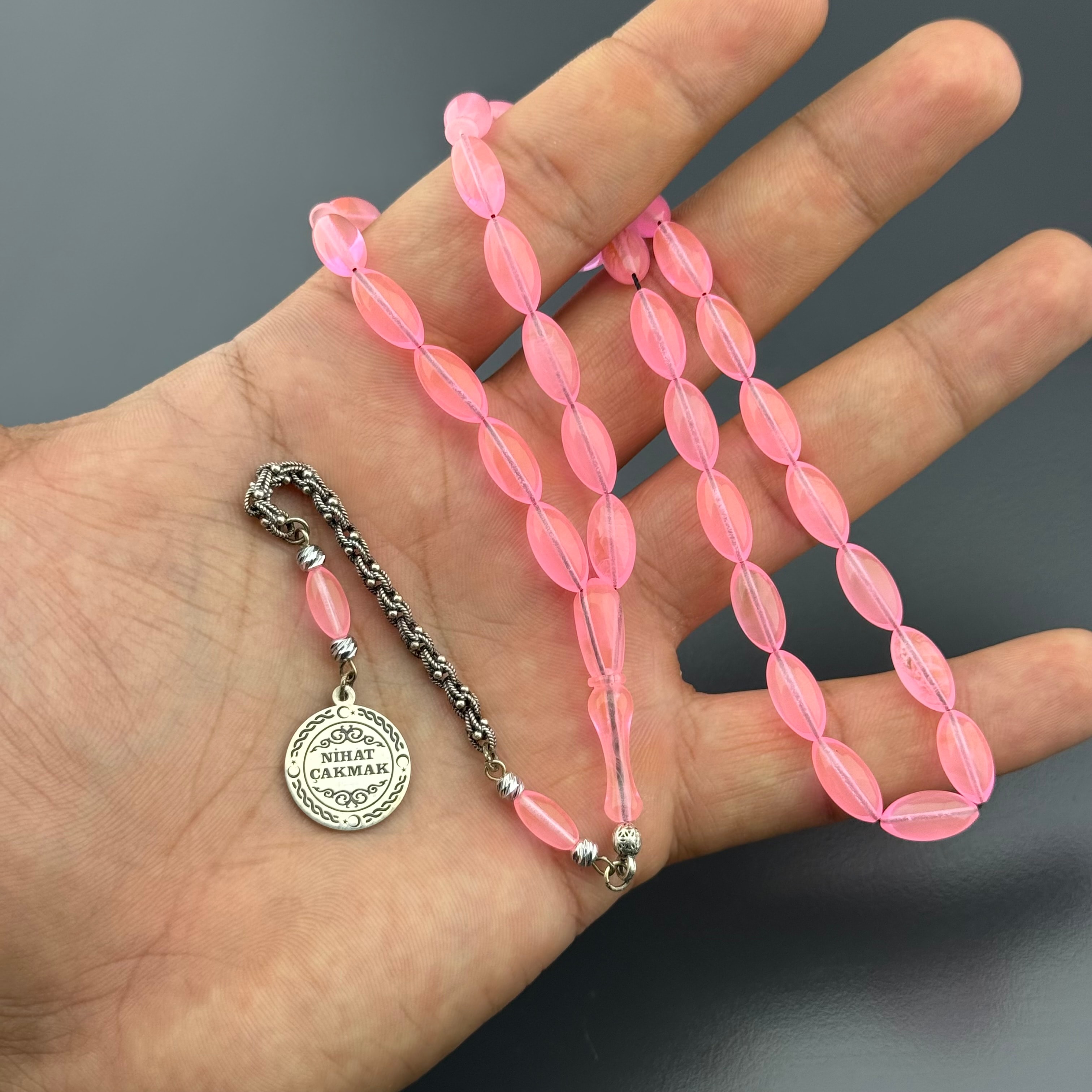 Özel Sipariş Size Özel İsim Yazılı Tasarım Arpa Kesim Pembe Renk Alman Bakalit Tesbih