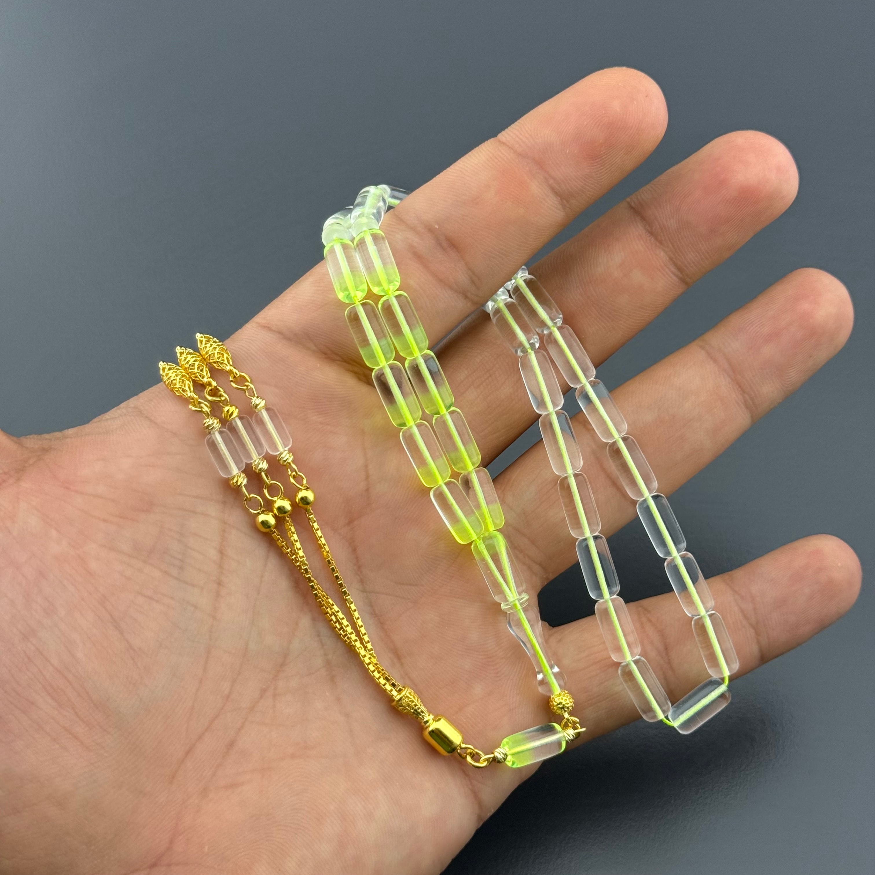 Suat YEŞİLYURT Usta İşçilikli Neon Yeşil Şeffaf Kapsül Kesim Altın Kaplama Gümüş Püsküllü Alman Bakalit Tesbih