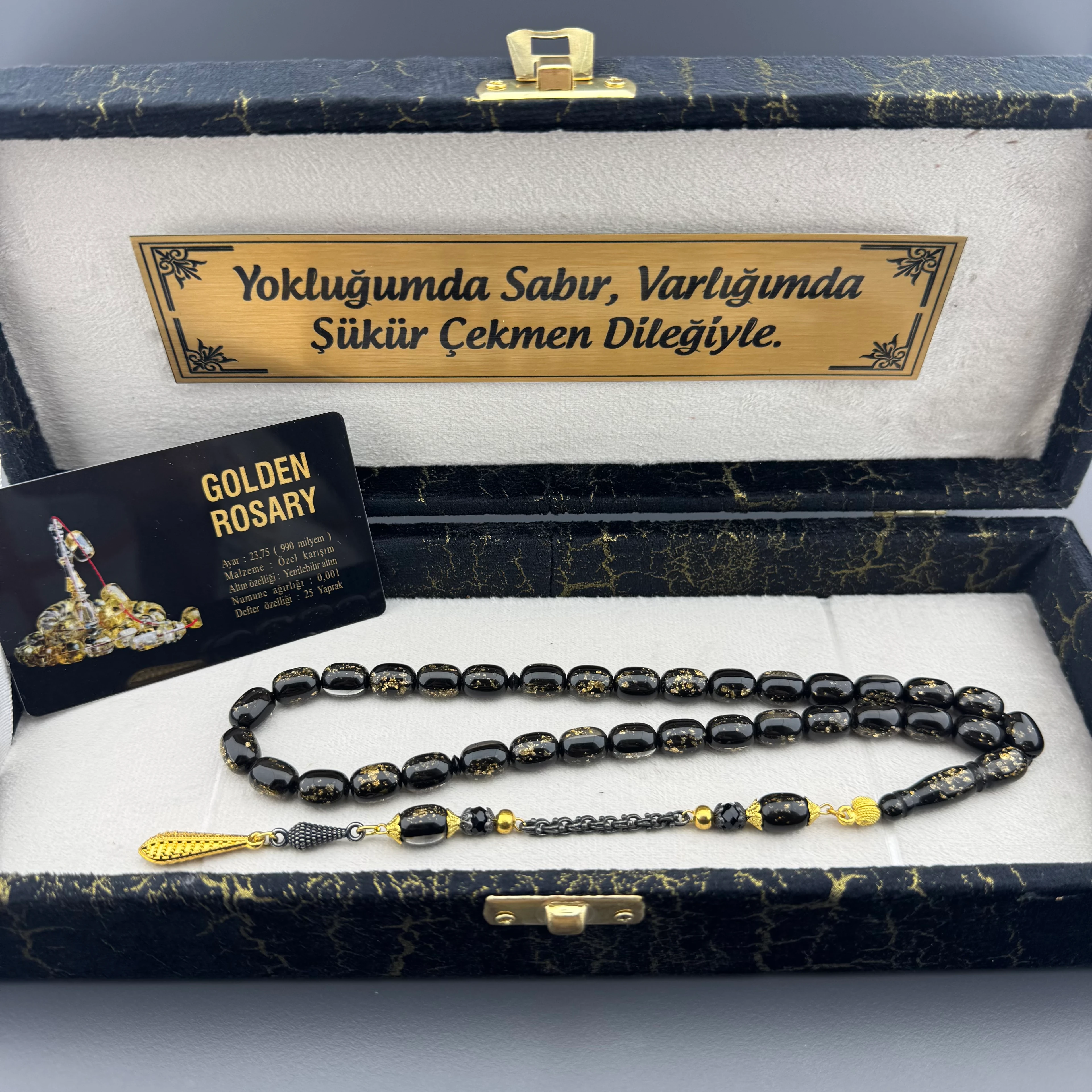 Özel Aynalı Kutusunda Sertifikalı Kapsül Kesim Golden Rosary Tesbih