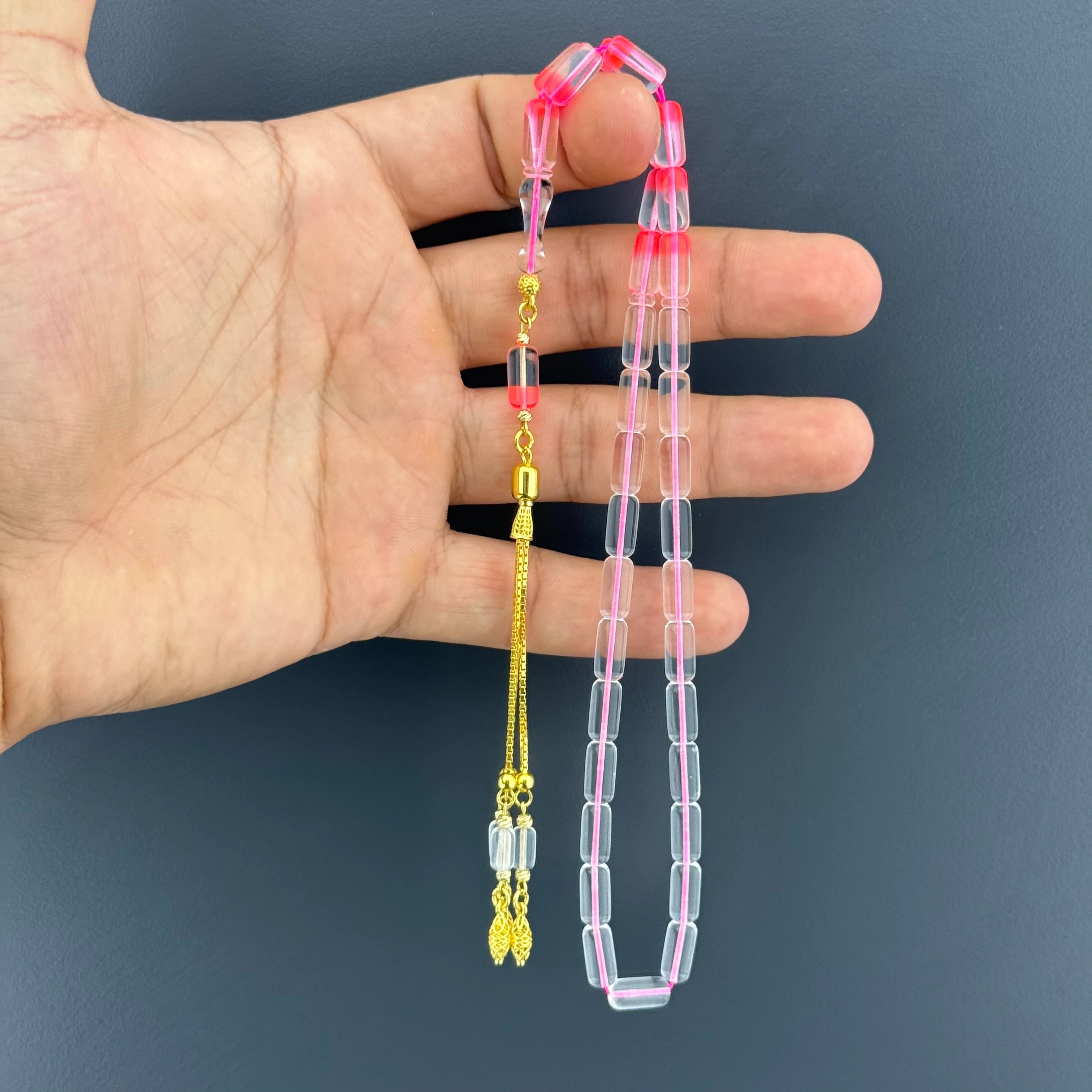 Suat YEŞİLYURT Usta İşçilikli Pembe Şeffaf Kapsül Kesim Altın Kaplama Gümüş Püsküllü Alman Bakalit Tesbih