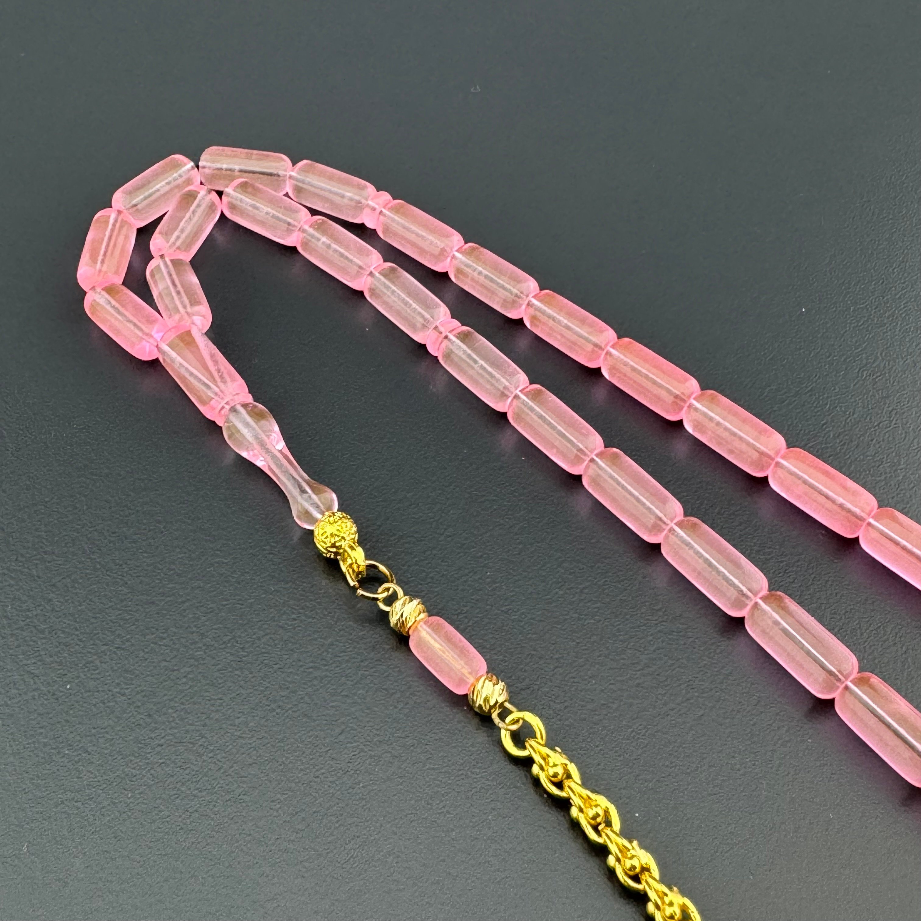 Pembe Şeffaf Hareli Altın Kaplama 925 Ayar Gümüş Püsküllü Alman Bakalit Tespih
