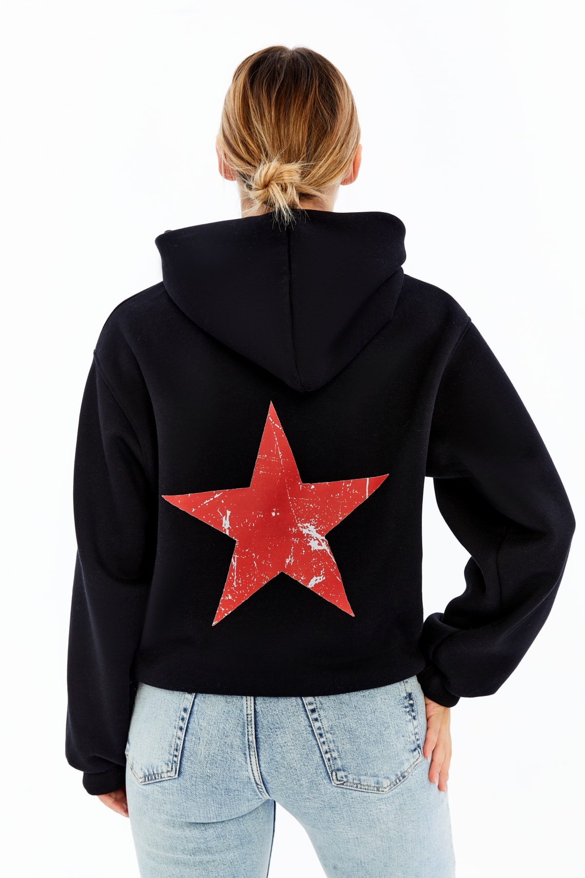 Vintage Yıldız Baskılı Oversize Sweatshirt - Siyah