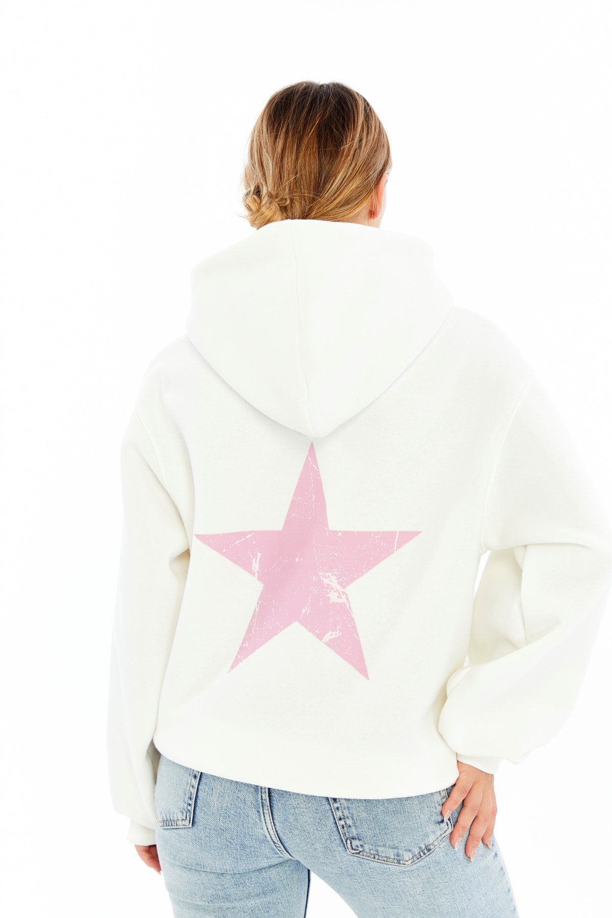 Vintage Yıldız Baskılı Oversize Sweatshirt - Ekru