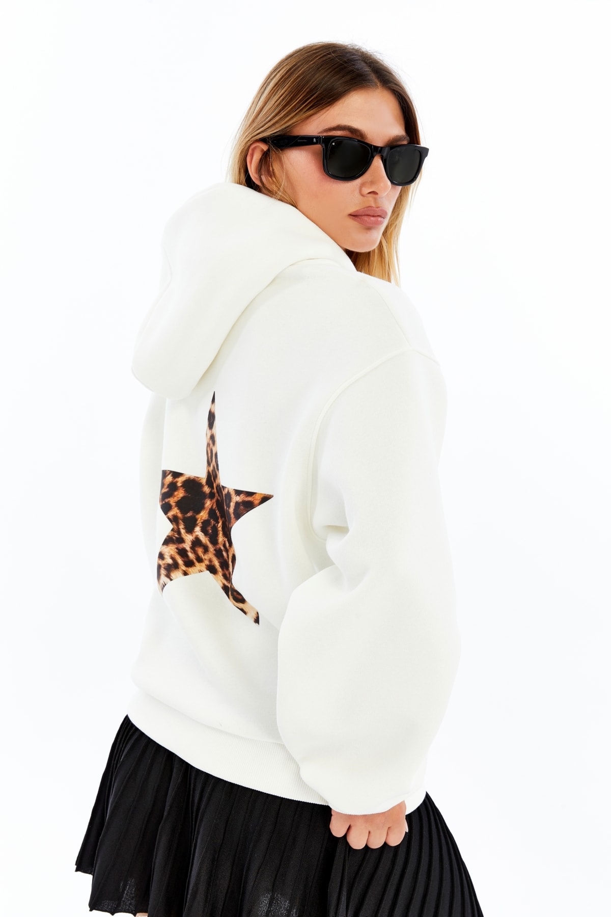Vintage Yıldız Baskılı Oversize Sweatshirt - Ekru - Leopar
