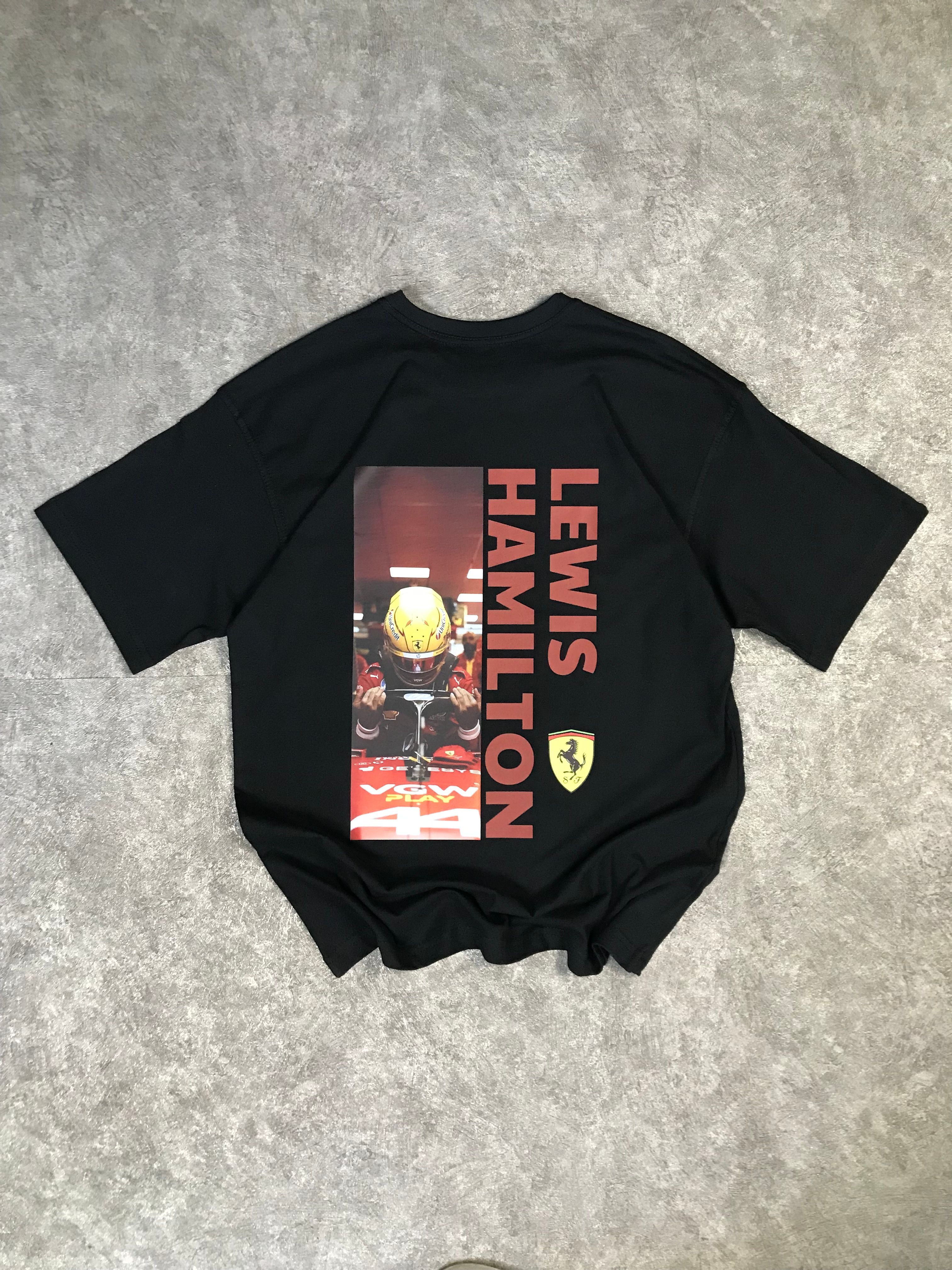 Lewis Hamilton Baskılı Oversize Tişört - Siyah