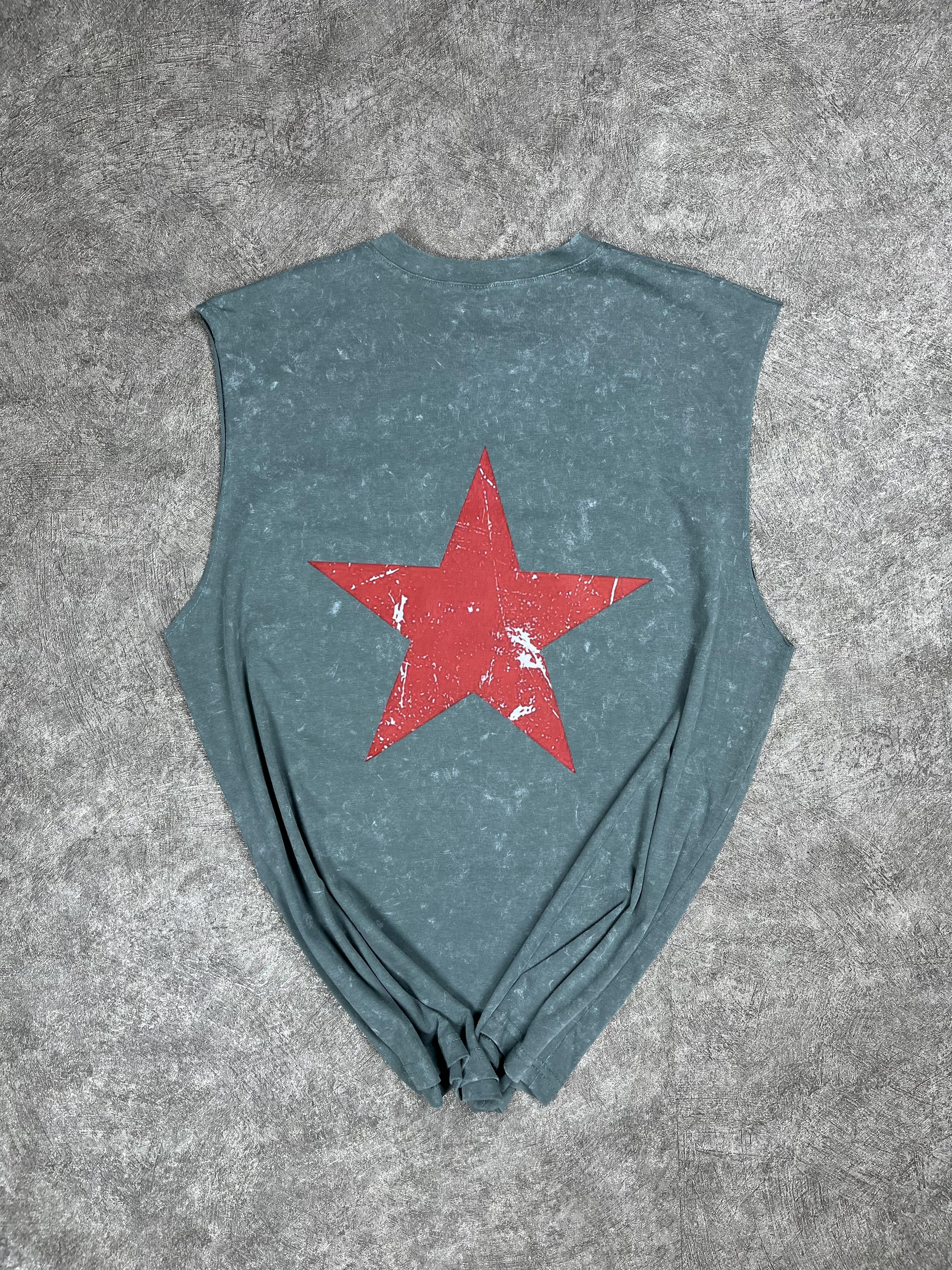 Vintage Yıldız Baskılı Oversize Atlet - Haki