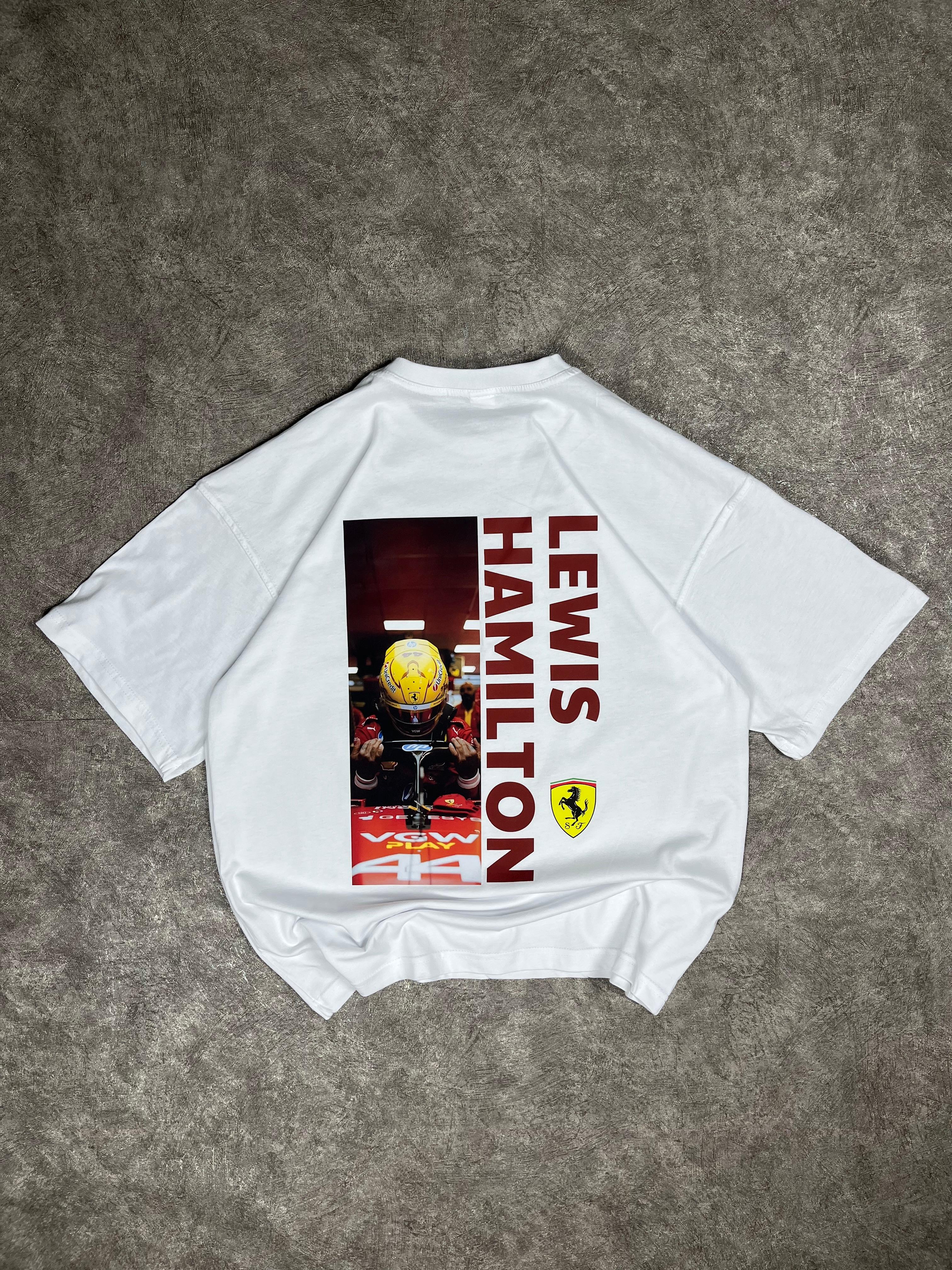 Lewis Hamilton Baskılı Oversize Tişört - Beyaz