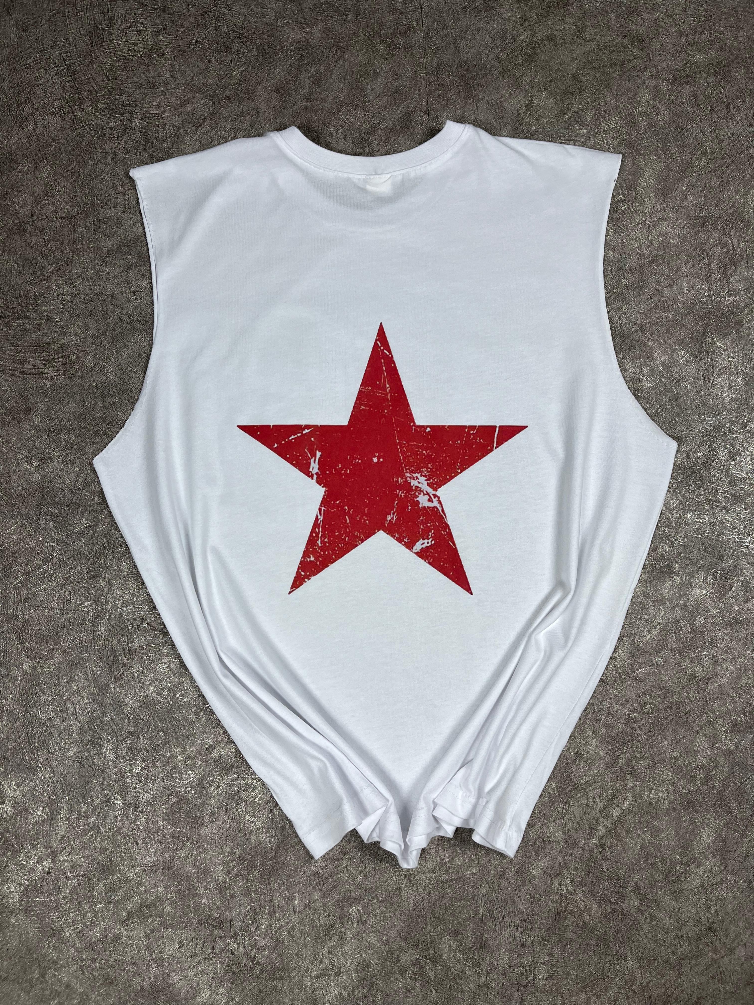 Vintage Yıldız Baskılı Oversize Atlet - Beyaz