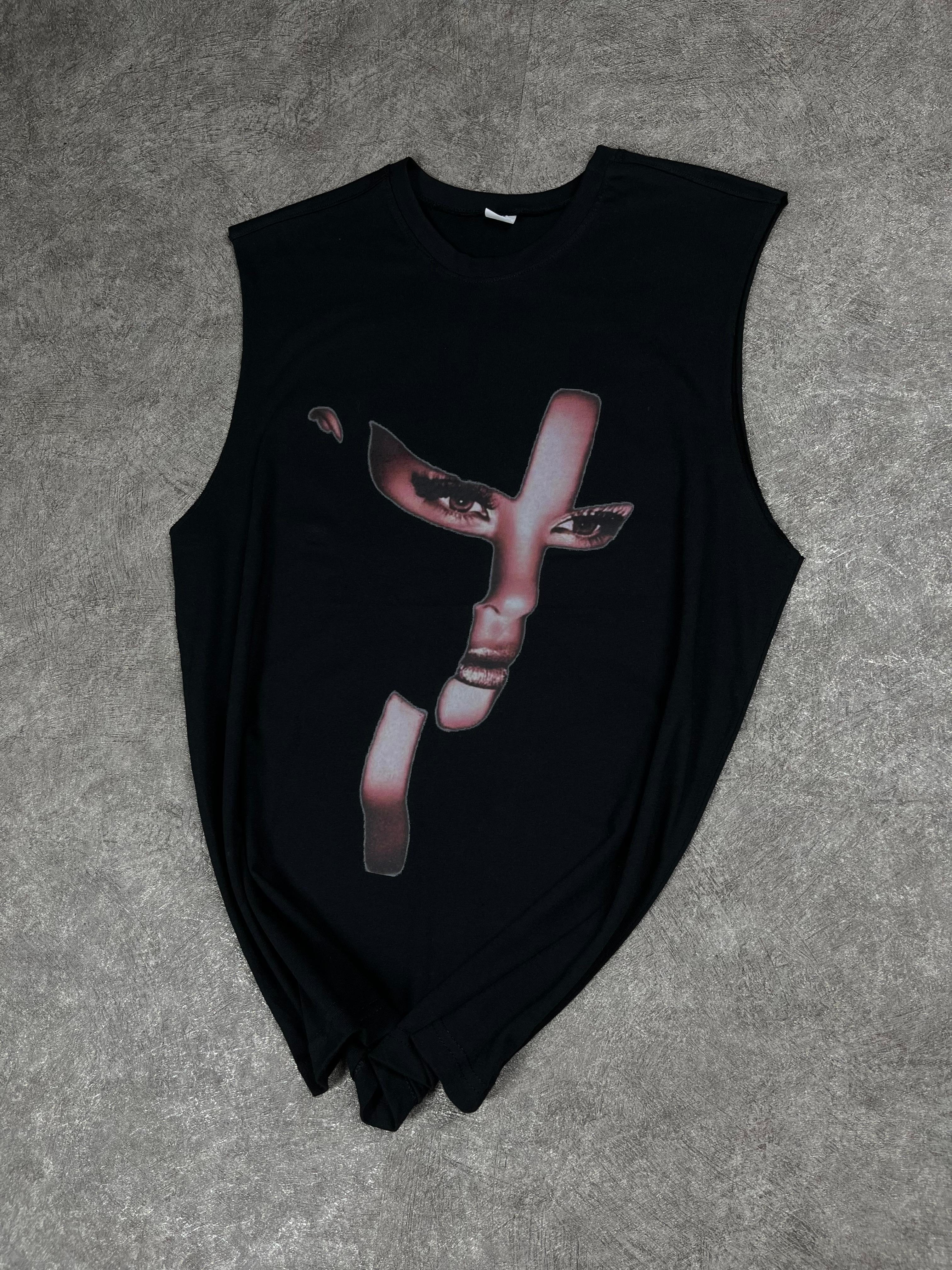 Face Baskılı Oversize Siyah Atlet