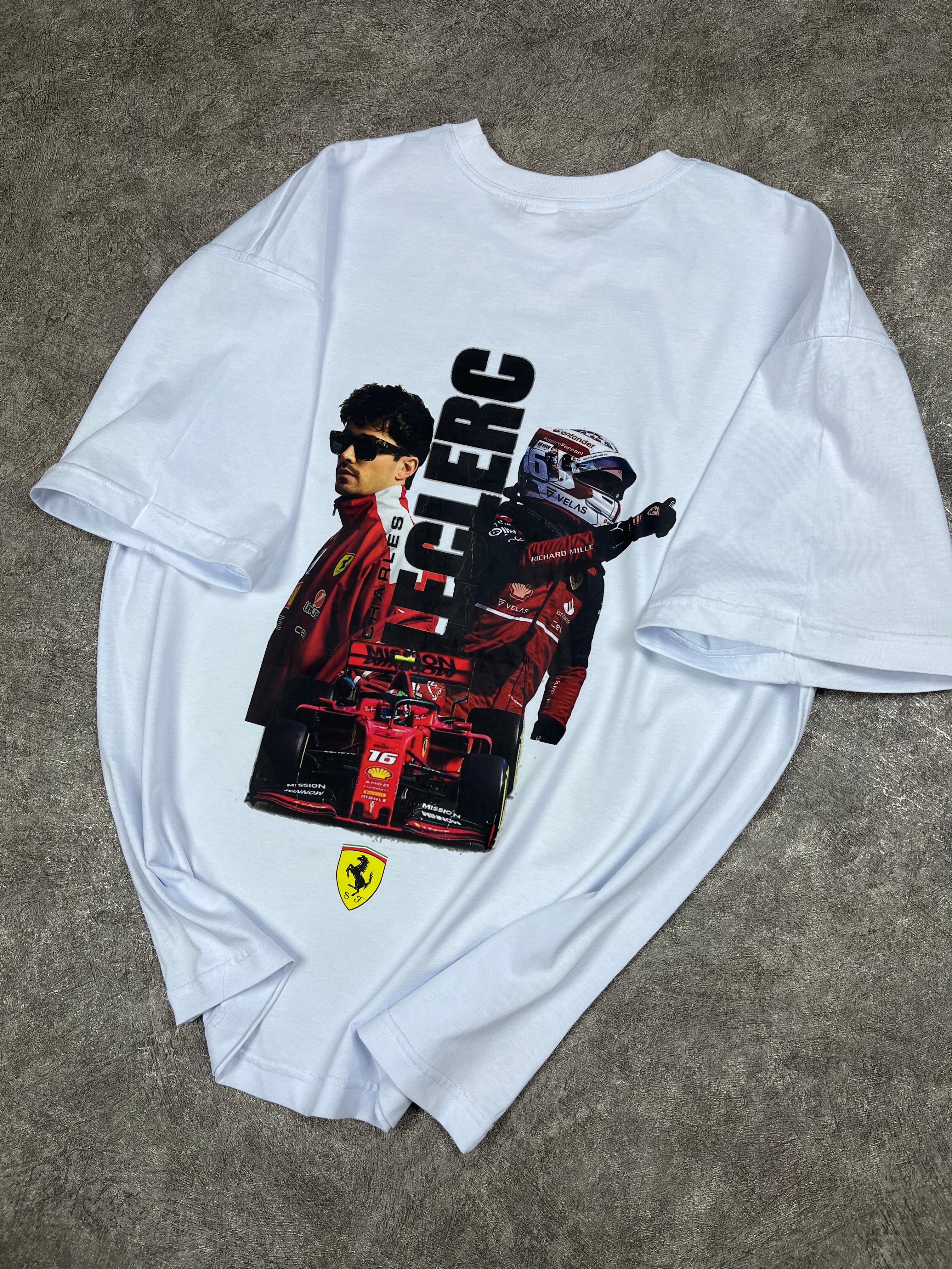 Charles Leclerc Baskılı Oversize Beyaz Tişört