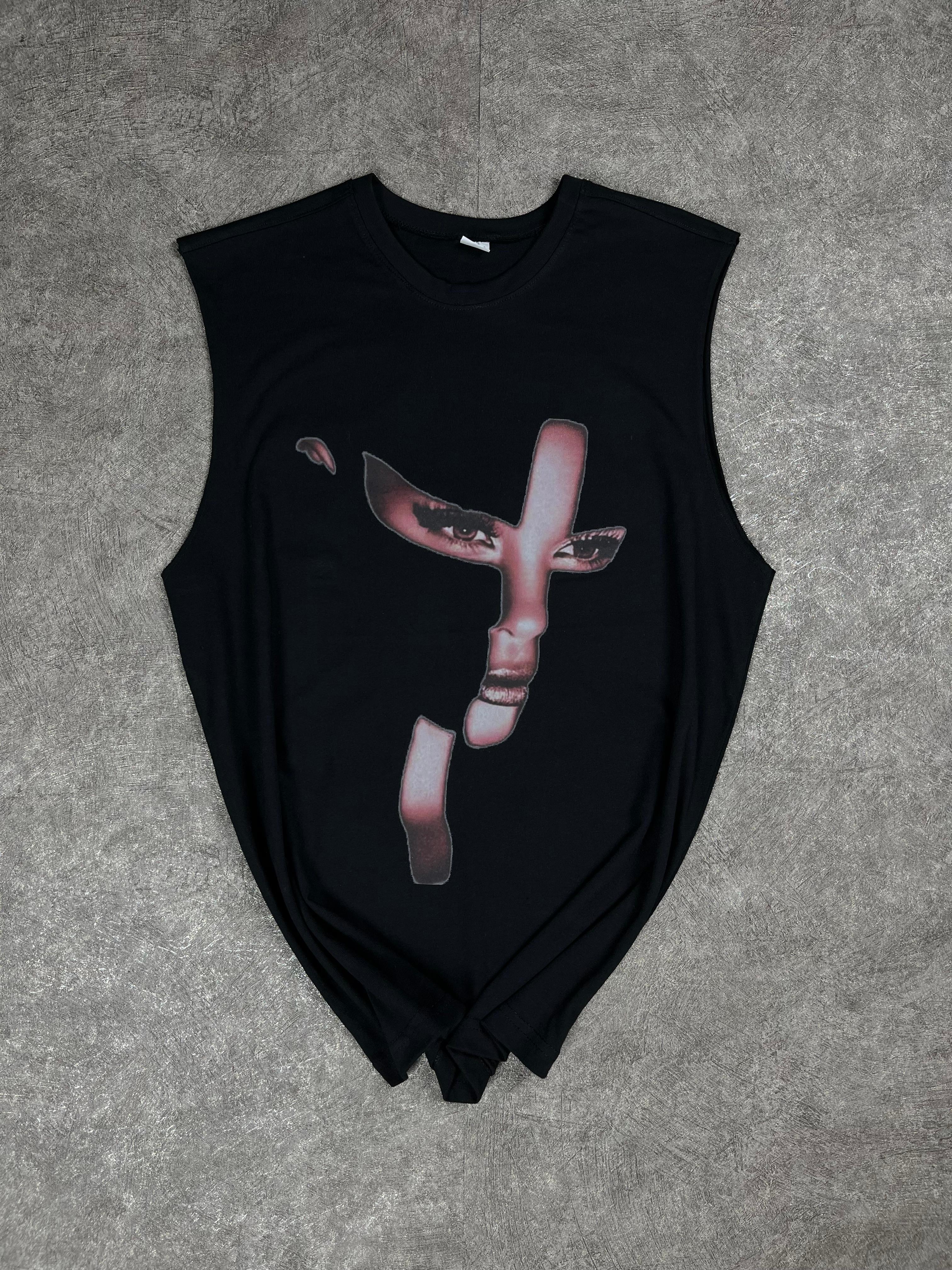 Face Baskılı Oversize Siyah Atlet