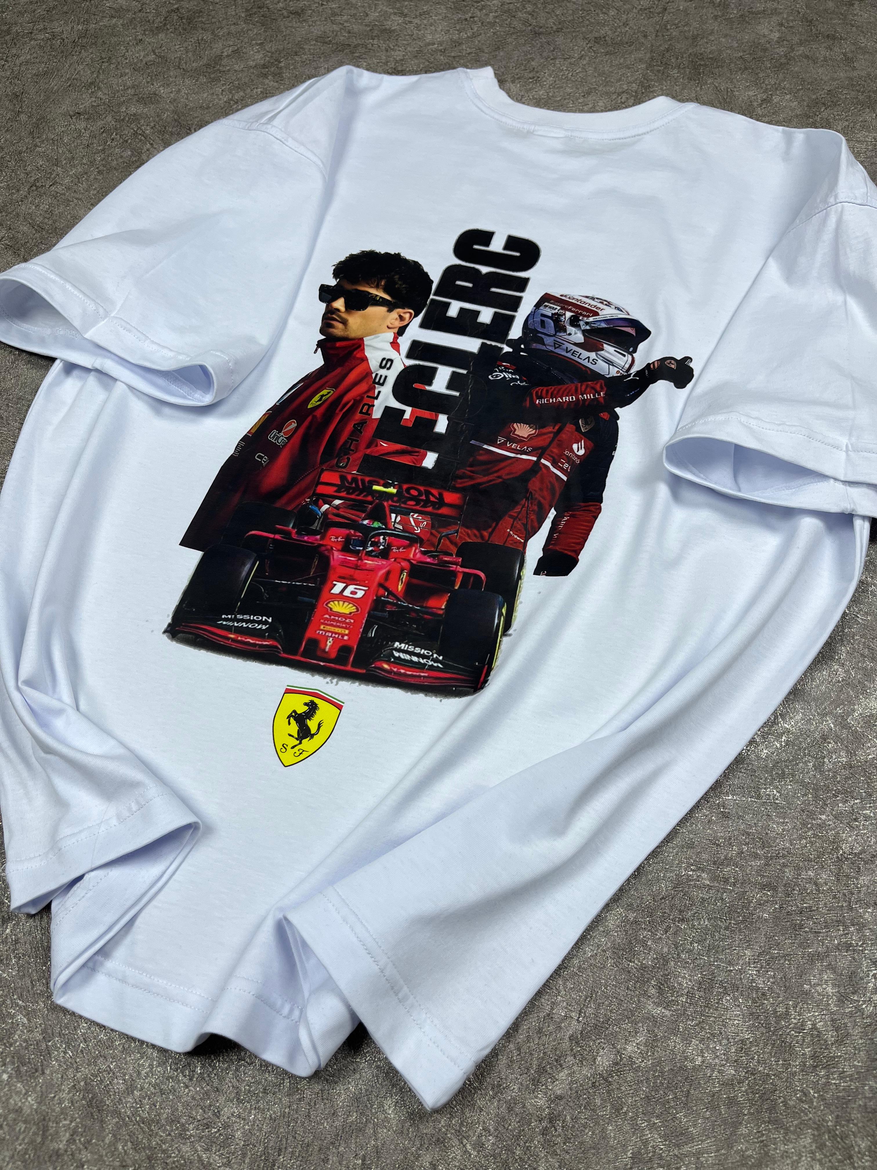 Charles Leclerc Baskılı Oversize Beyaz Tişört