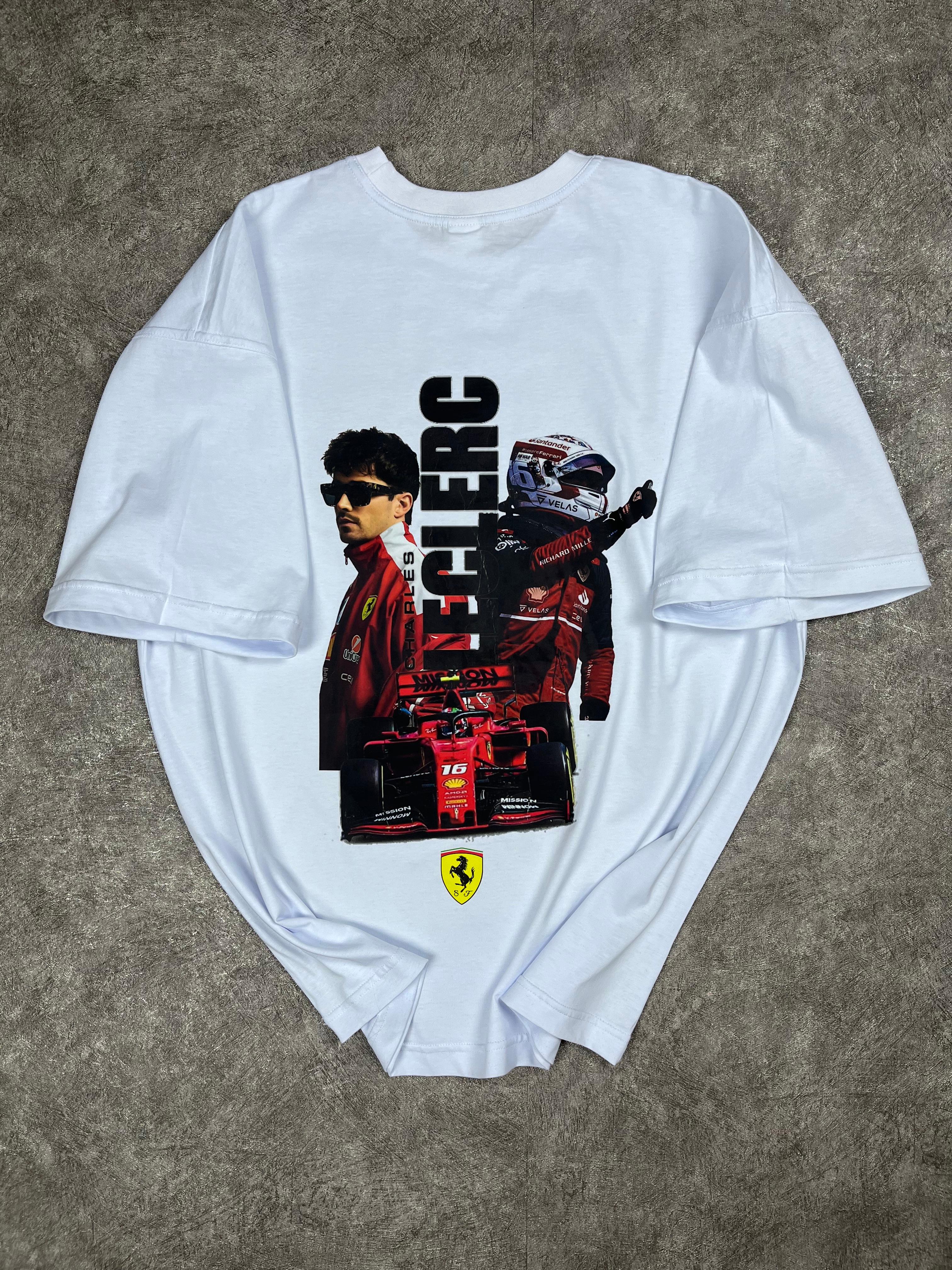 Charles Leclerc Baskılı Oversize Beyaz Tişört