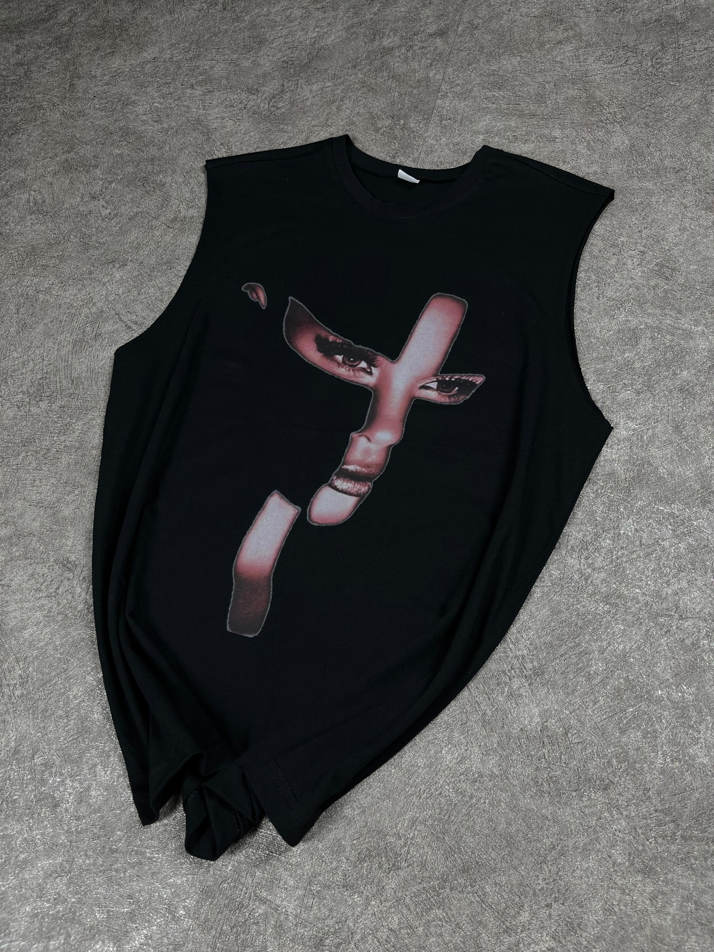 Face Baskılı Oversize Siyah Atlet