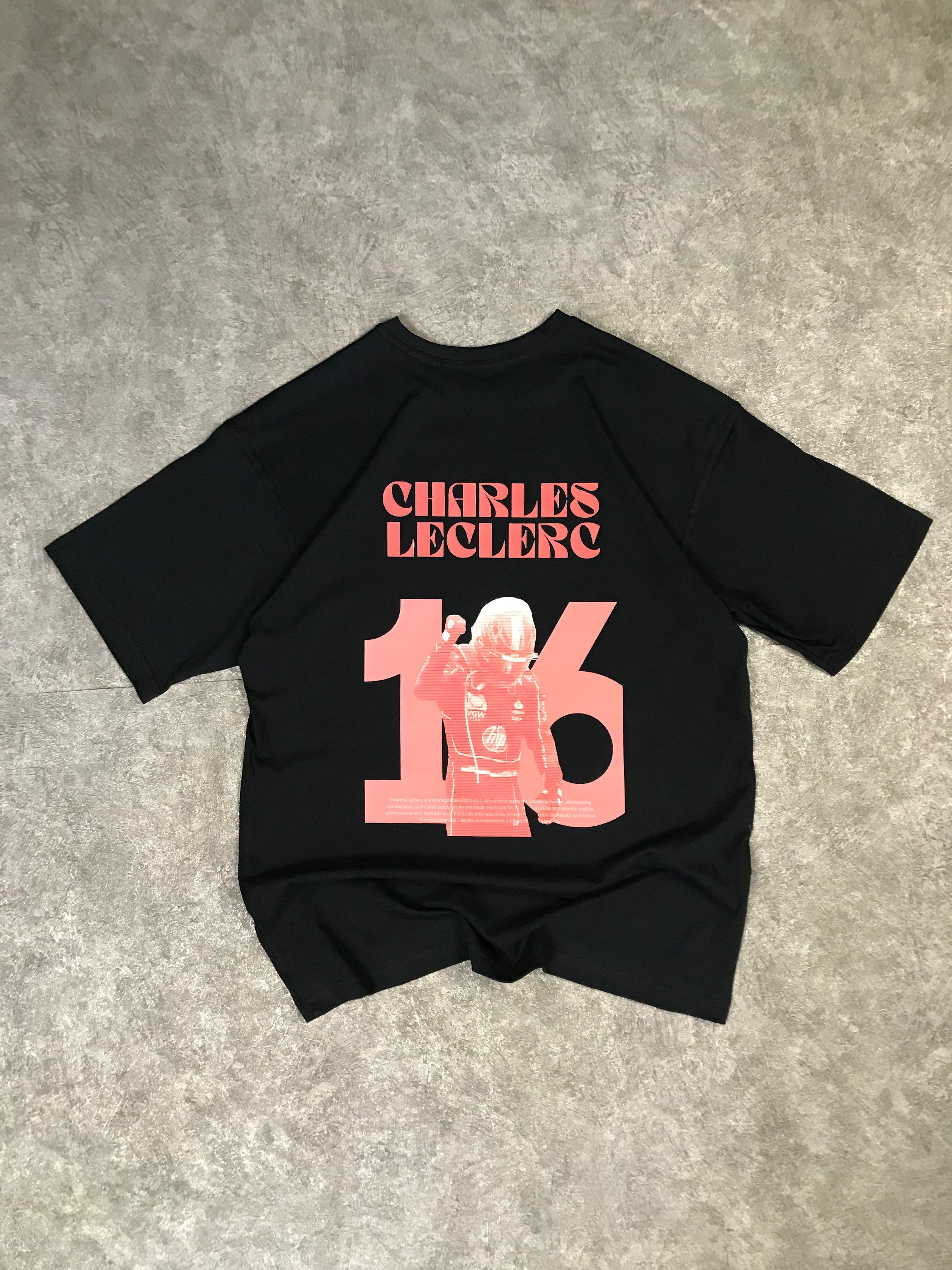 Charles Leclerc Baskılı Oversize Tişört - Siyah