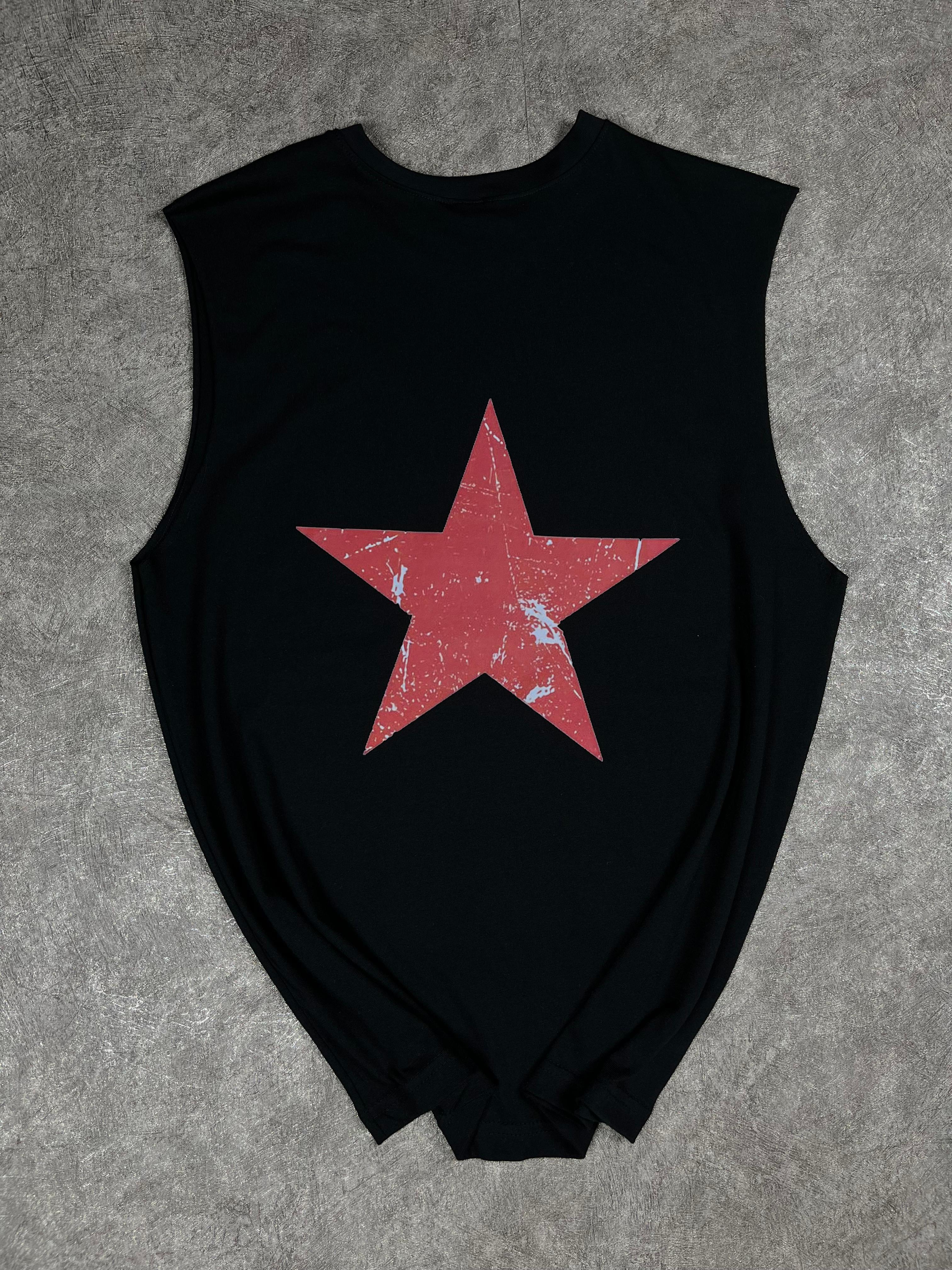 Vintage Yıldız Baskılı Oversize Atlet - Siyah