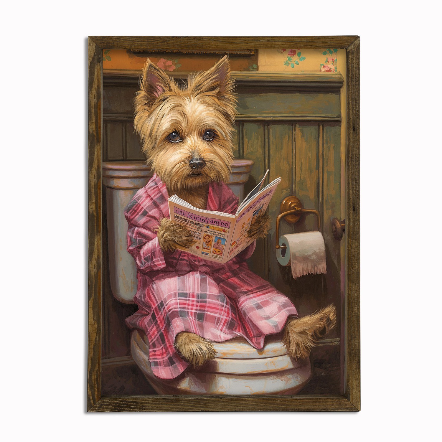 Tek Parçalı Masif Ahşap Çerçeveli Duvar Tablosu- Komik Yorkshire Terrier Tuvalette Okuma Yaparken Tablosu