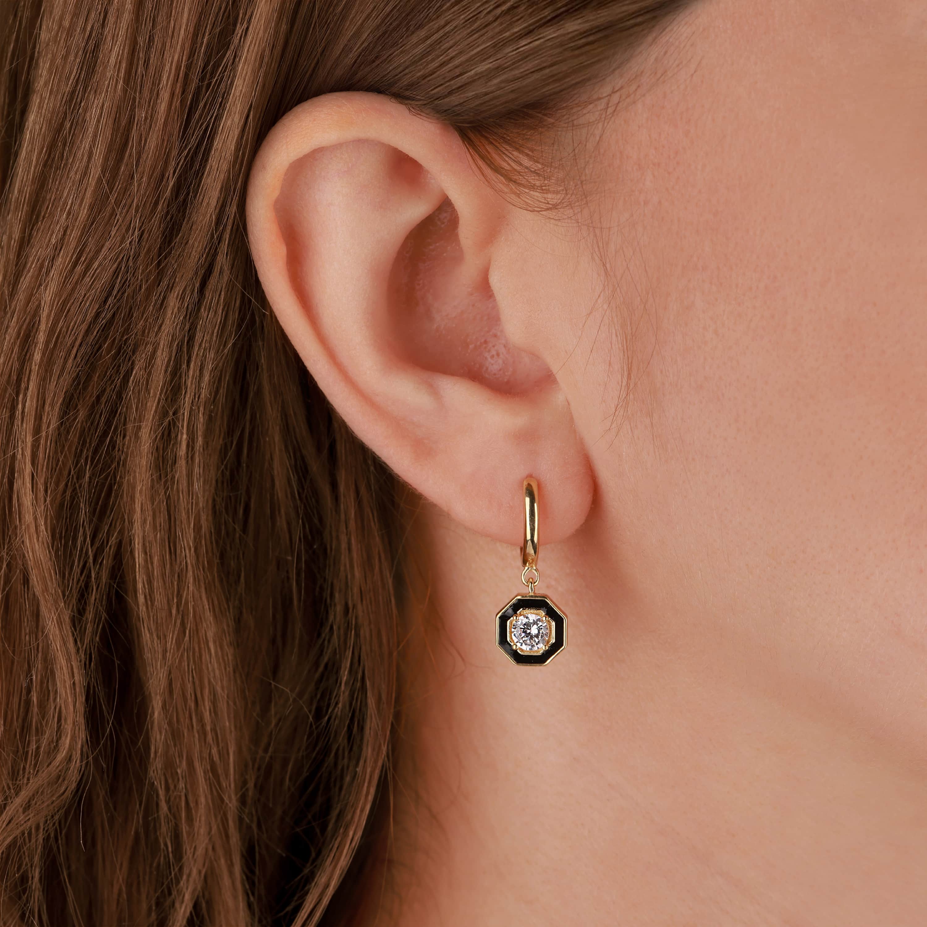 Mini Octagonal Black Enamel Silver Earrings