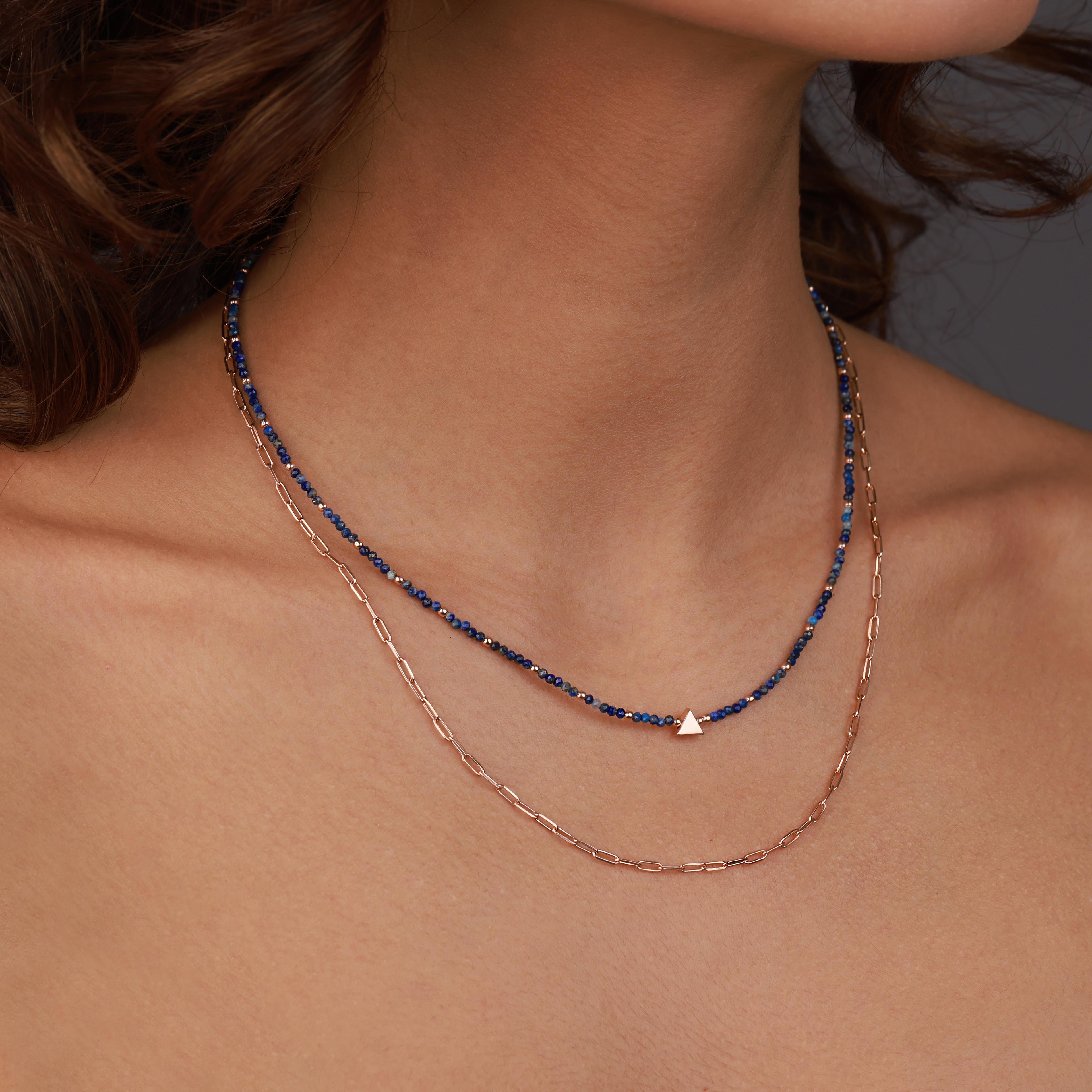 Two Rows Rectangular Chain Lapis Triangle Silver Necklace
