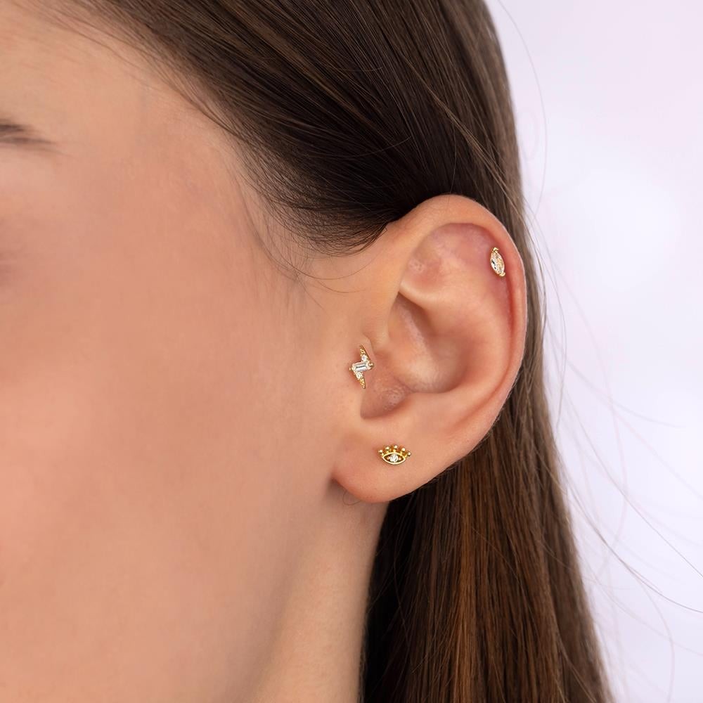 Beş Kirpikli Küçük Göz Beyaz Taşlı Tragus Küpe