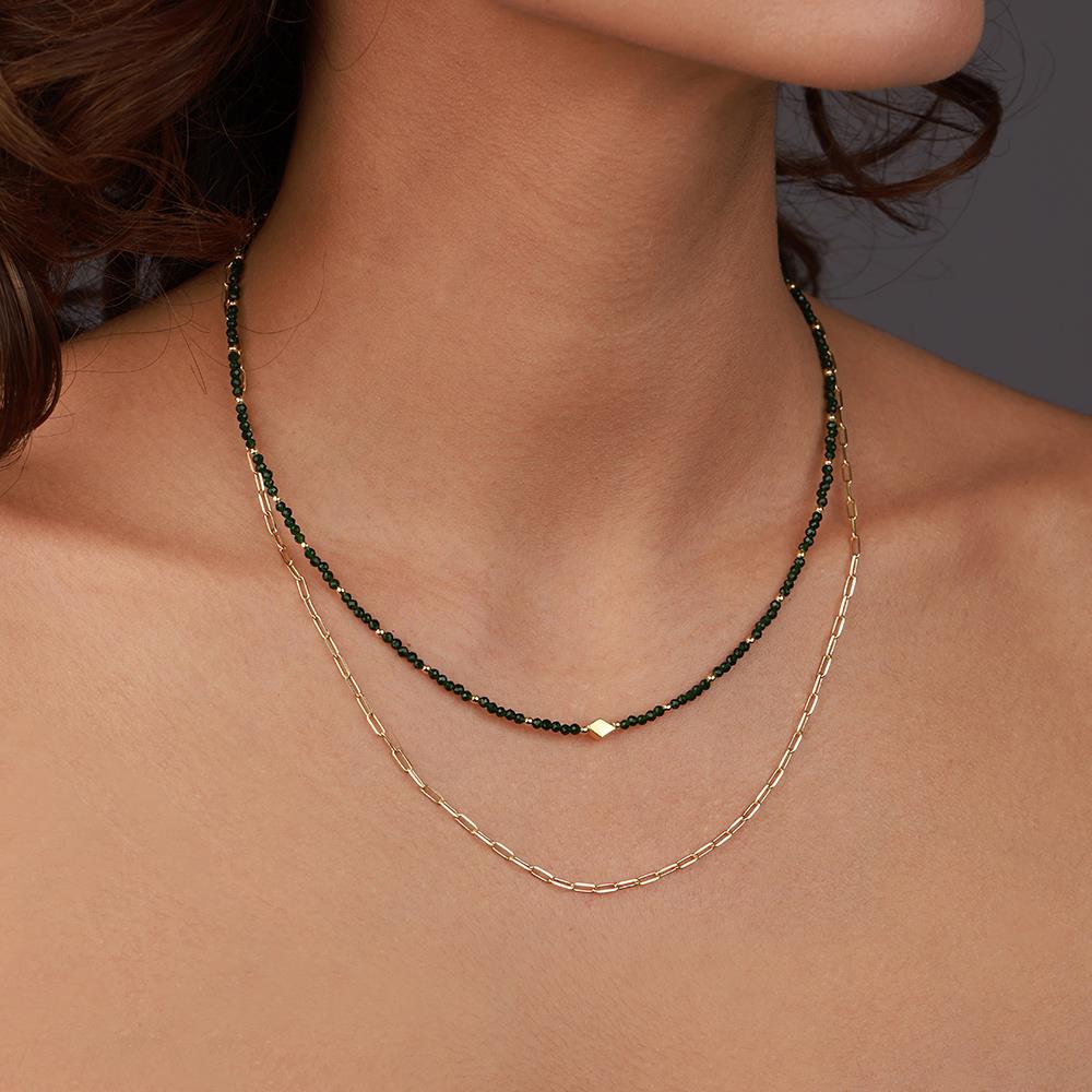 Two Rows Rectangular Chain Jade Square Silver Necklace