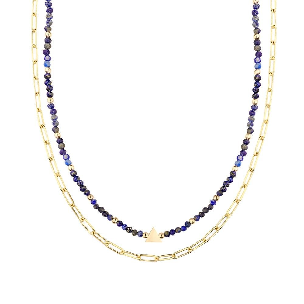 Two Rows Rectangular Chain Lapis Triangle Silver Necklace