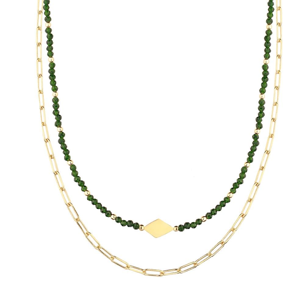 Two Rows Rectangular Chain Jade Square Silver Necklace
