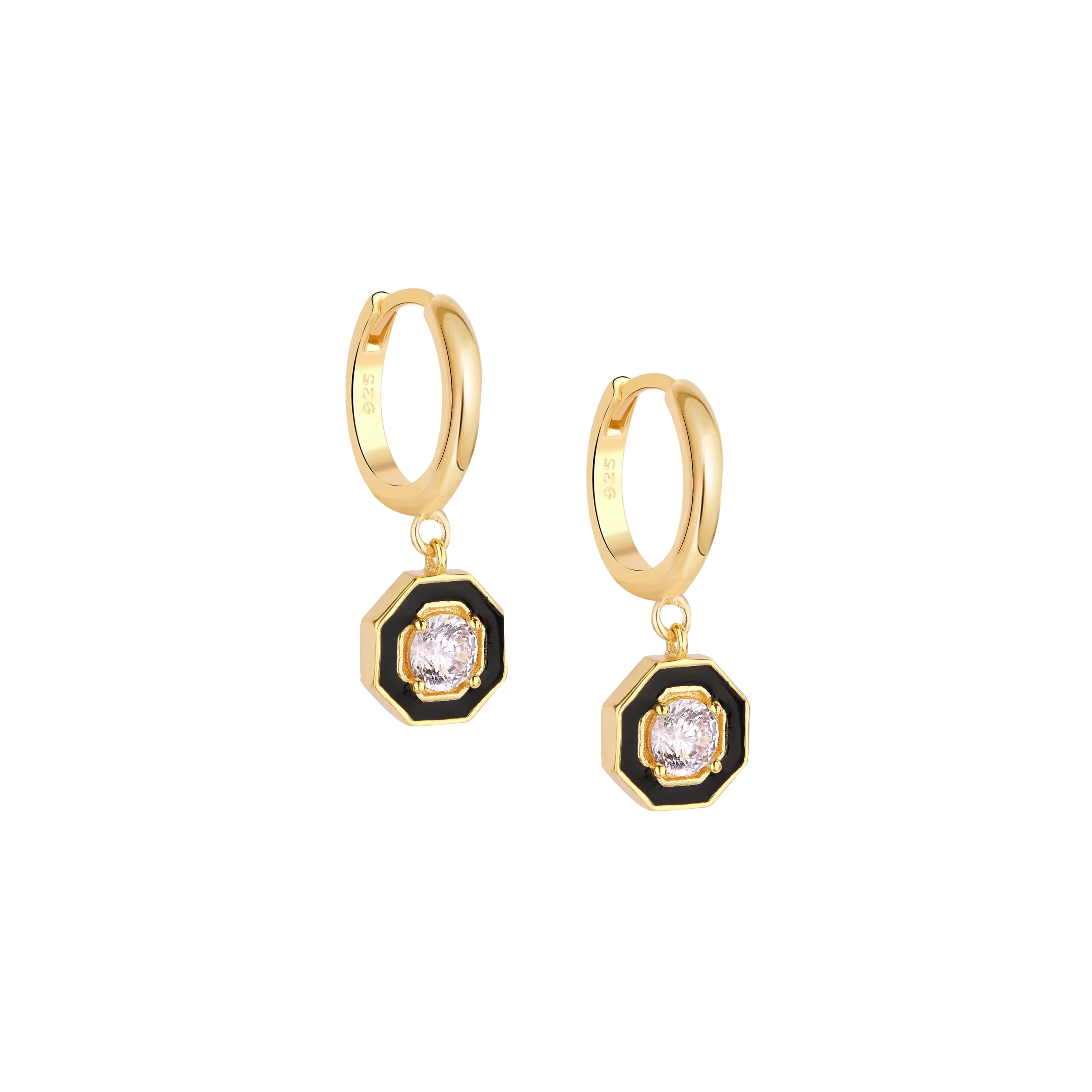 Mini Octagonal Black Enamel Silver Earrings
