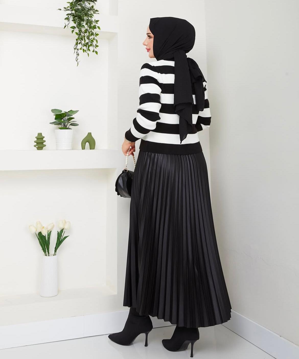 Çizgili Yelek Deri Pliseli Takım