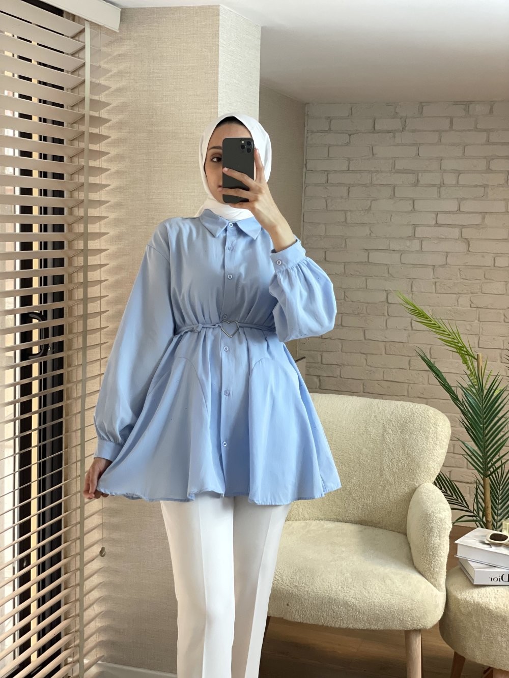 Kalp Kemer Tokalı Poplin Gömlek Tunik