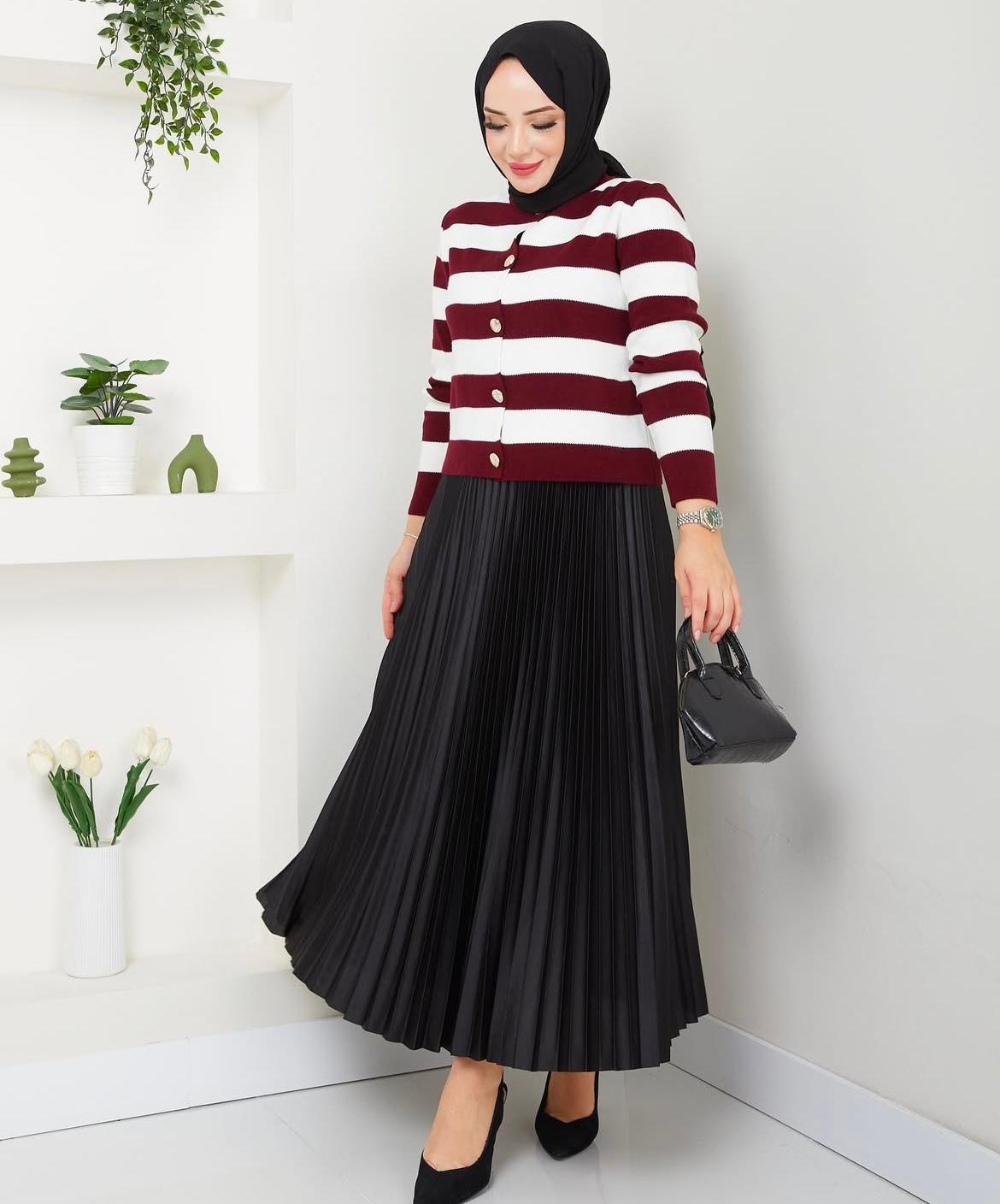 Bordo ÇizgiliYelek - Siyah Deri Pliseli