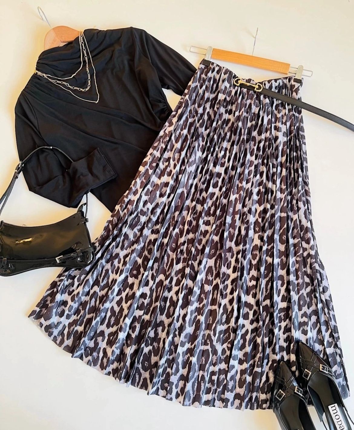 Drabeli Siyah - Gri Leopar Etek