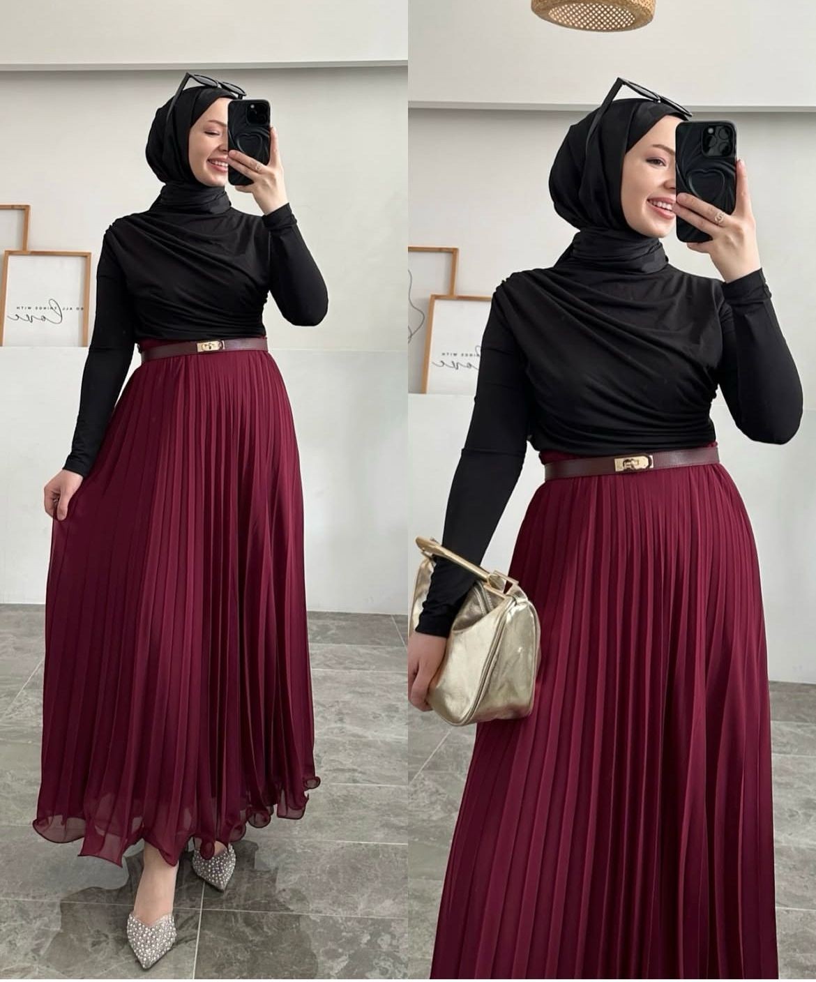 Siyah Drabeli - Bordo  Şifontül Etek