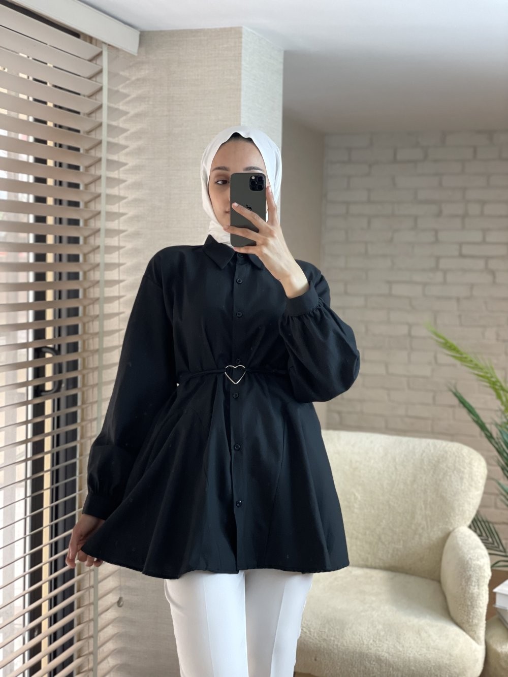 Kalp Kemer Tokalı Poplin Gömlek Tunik