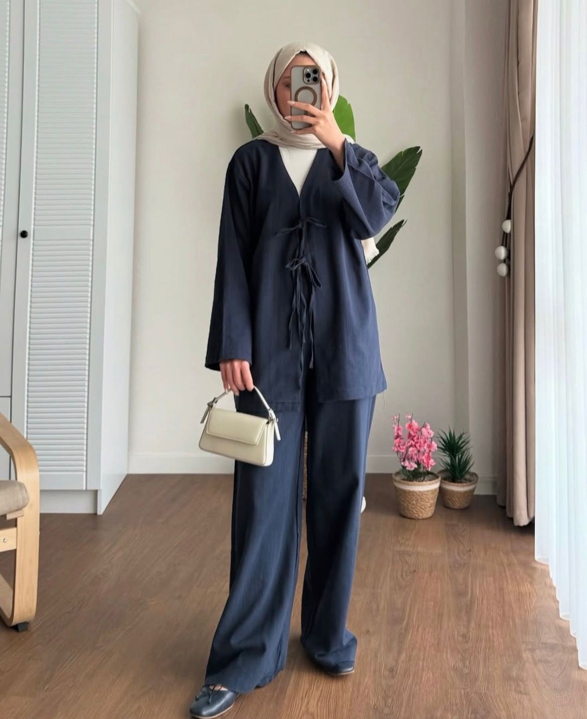 Bağcıklı Keten Kimono Takım