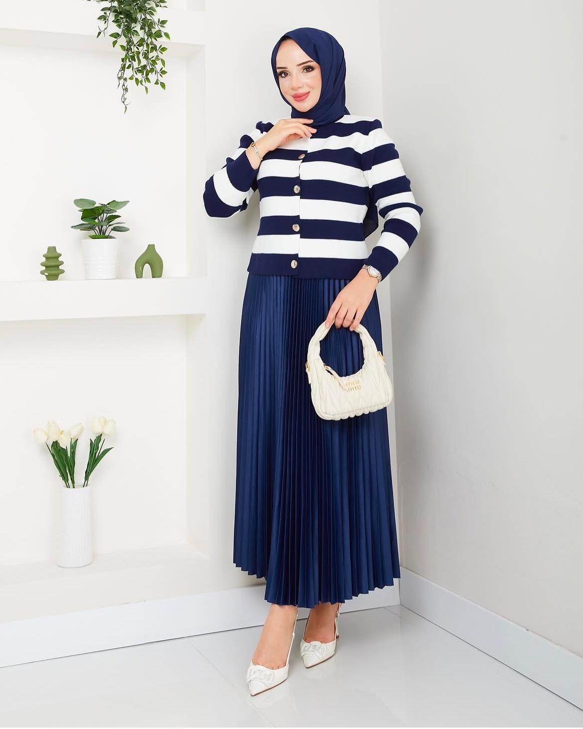 Lacivert ÇizgiliYelek - Lacivert Deri Pliseli