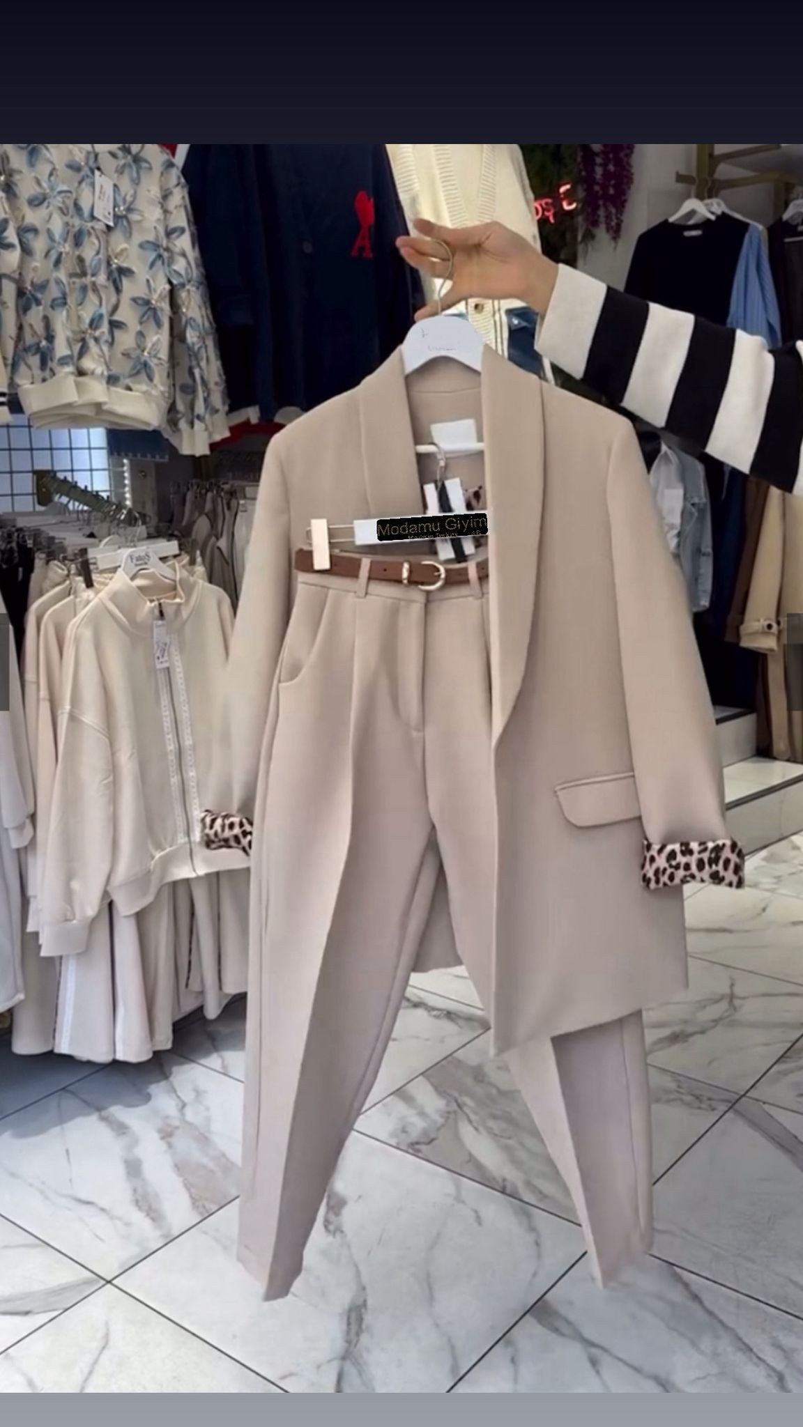 Leopar Astarlı Ceket Pantolon Kemerli 3lü Takım
