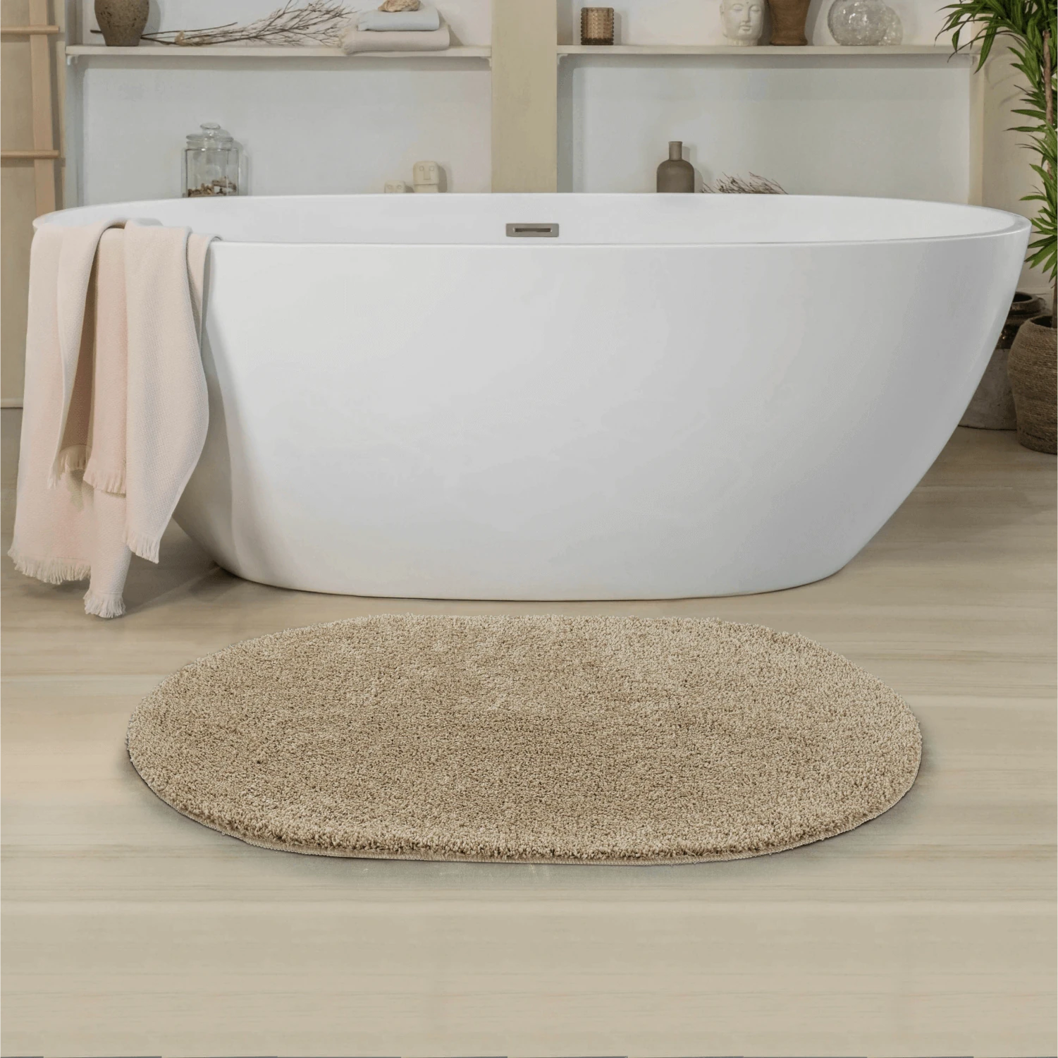 Soft Shaggy Doğal Kaymaz Taban Oval Yolluk - Bej