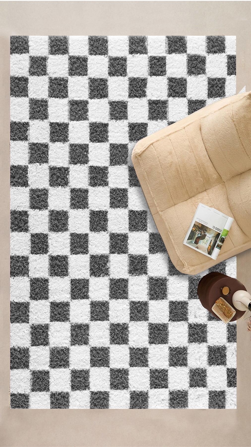 Chess Dama Desenli Kemik-Füme Salon Oturma Odası Yatak Odası Koridor Makine Halısı Yolluk Shaggy