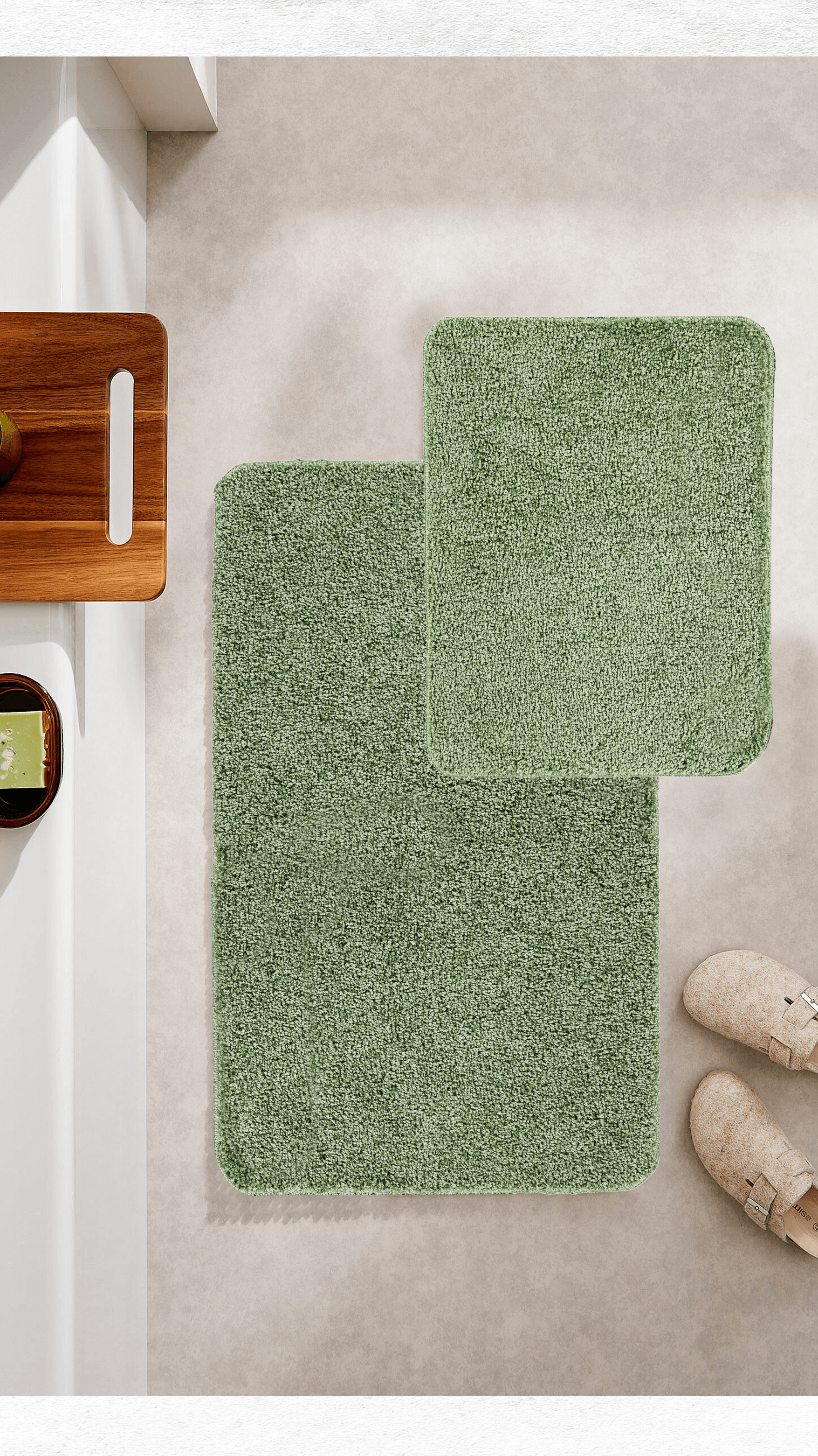 Soft Shaggy Doğal Kaymaz Taban 2'li Banyo Paspası 60x100 - 50x60 - Yeşil