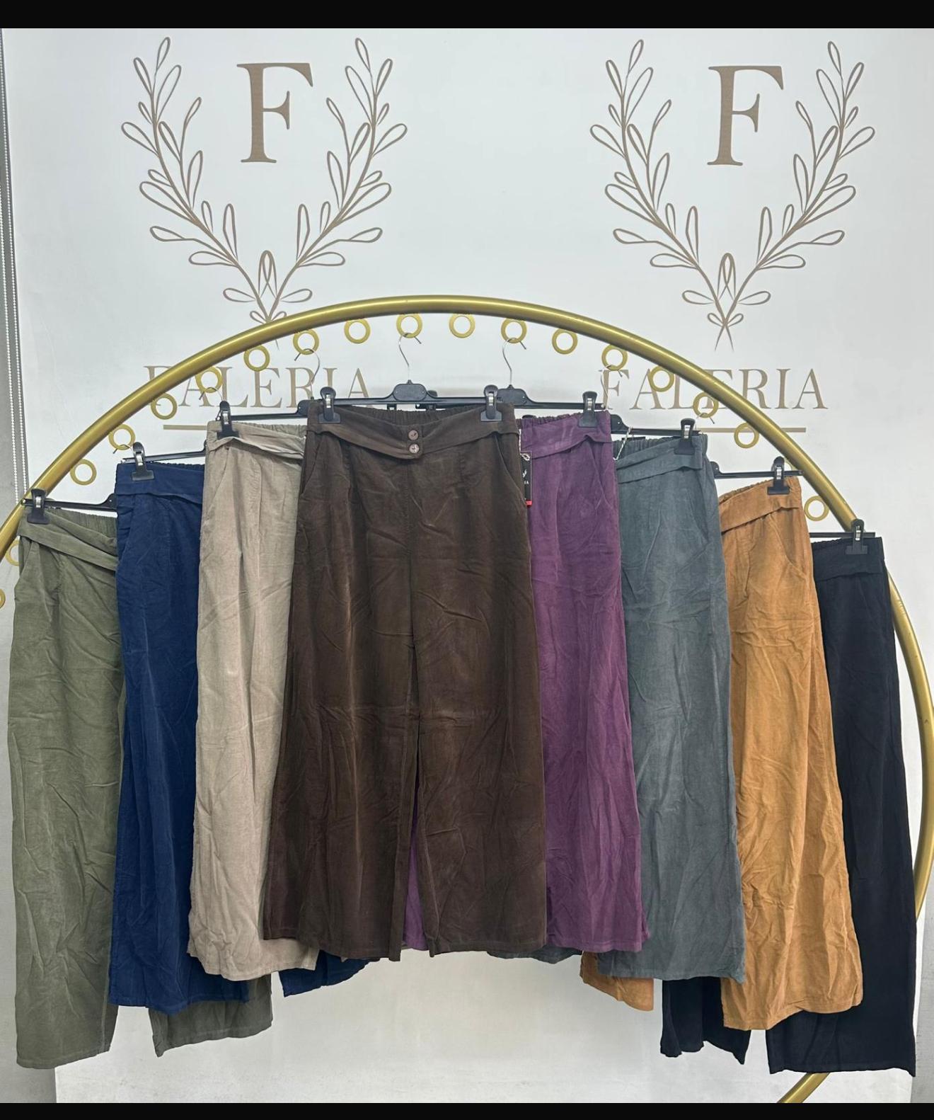 Düğme Detay Geniş Paça Fitilli Kadife Pantolon