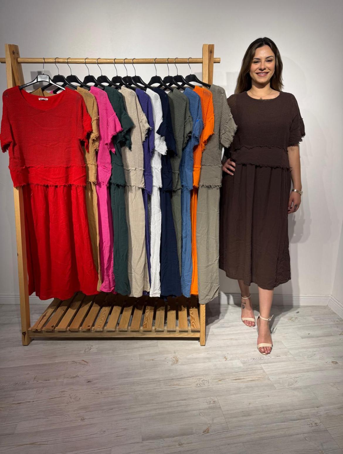 Pis Dikiş File Detay Keten Elbise