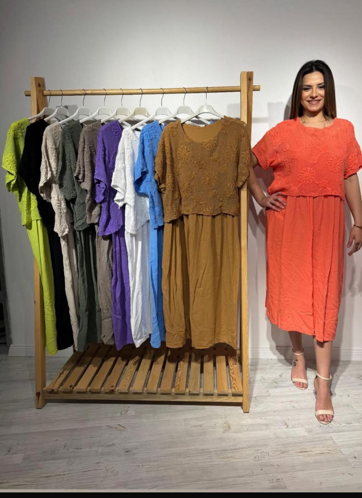 Nakış Detay File Keten Elbise