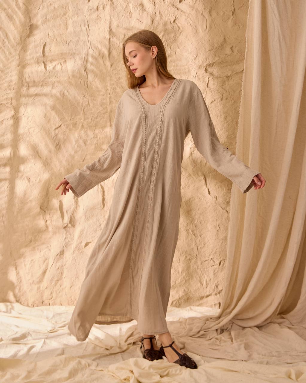 00100 V yaka Keten elbise