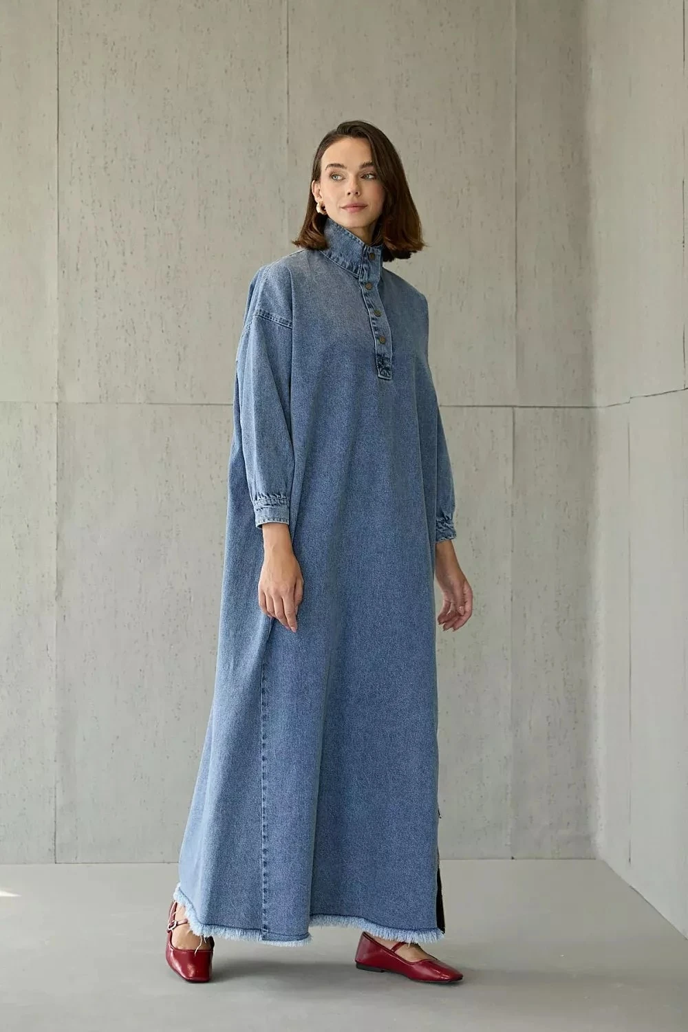 1005 Yan Fermuarlı Denim Elbise